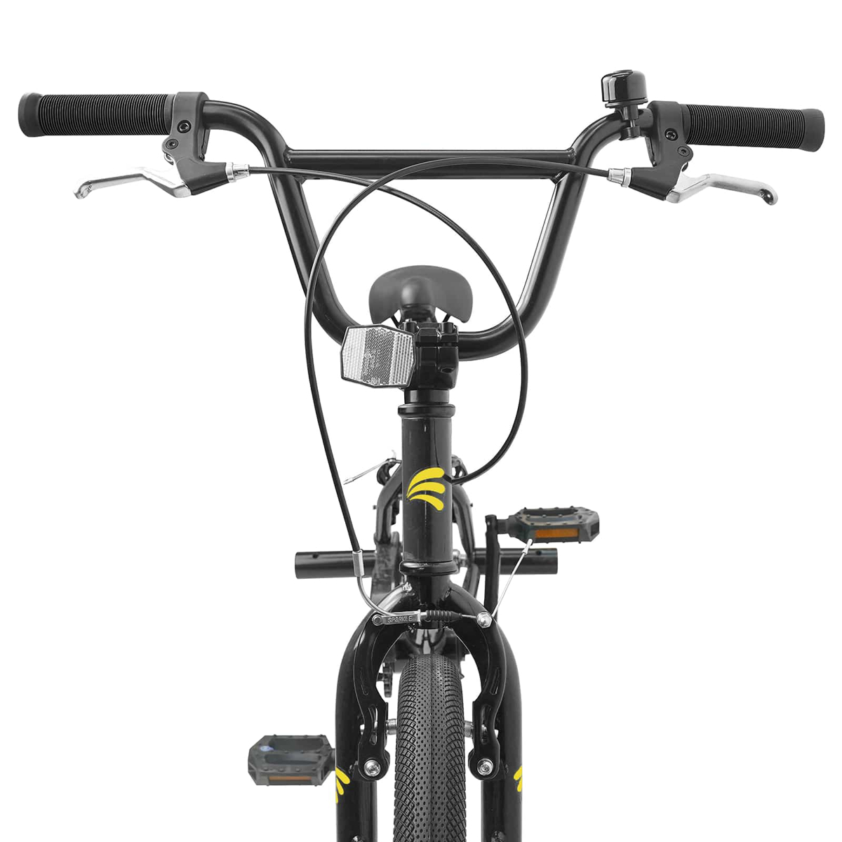 Vorderansicht eines schwarzen BMX-Rads mit gelben Akzenten, Lenker, Sattel und Pedalen.