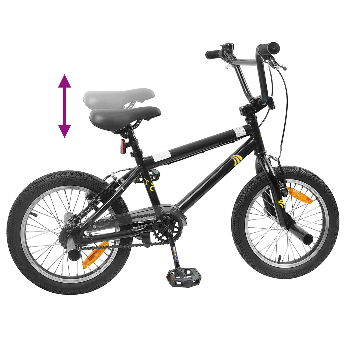 Schwarzes BMX-Fahrrad mit gelben Akzenten und verstellbarer Sitzhöhe.