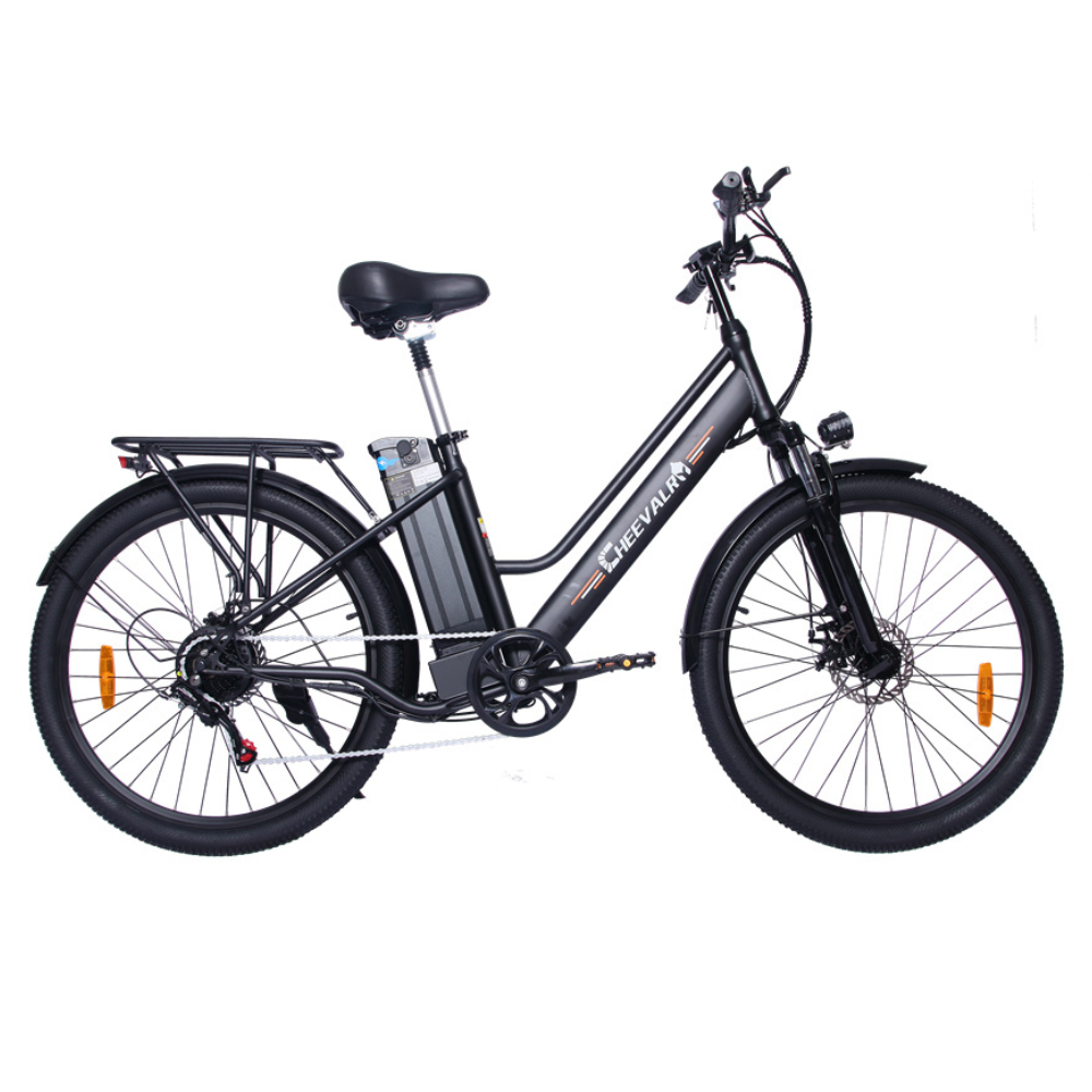 Schwarzes Elektrofahrrad mit Akkupack am Rahmen und Gepäckträger.