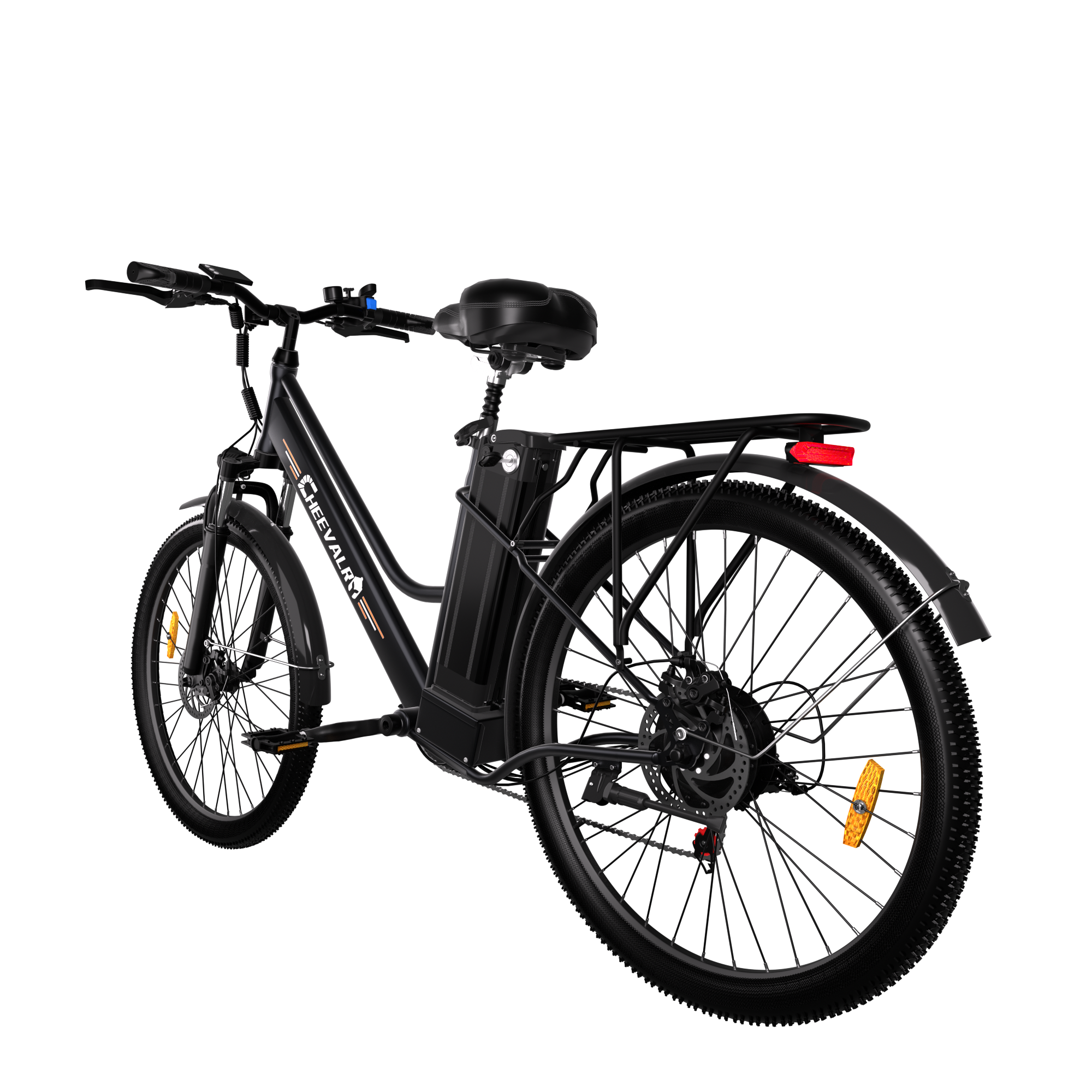 Schwarzes E-Bike mit Gepäckträger, rotem Rücklicht und Schutzblechen.