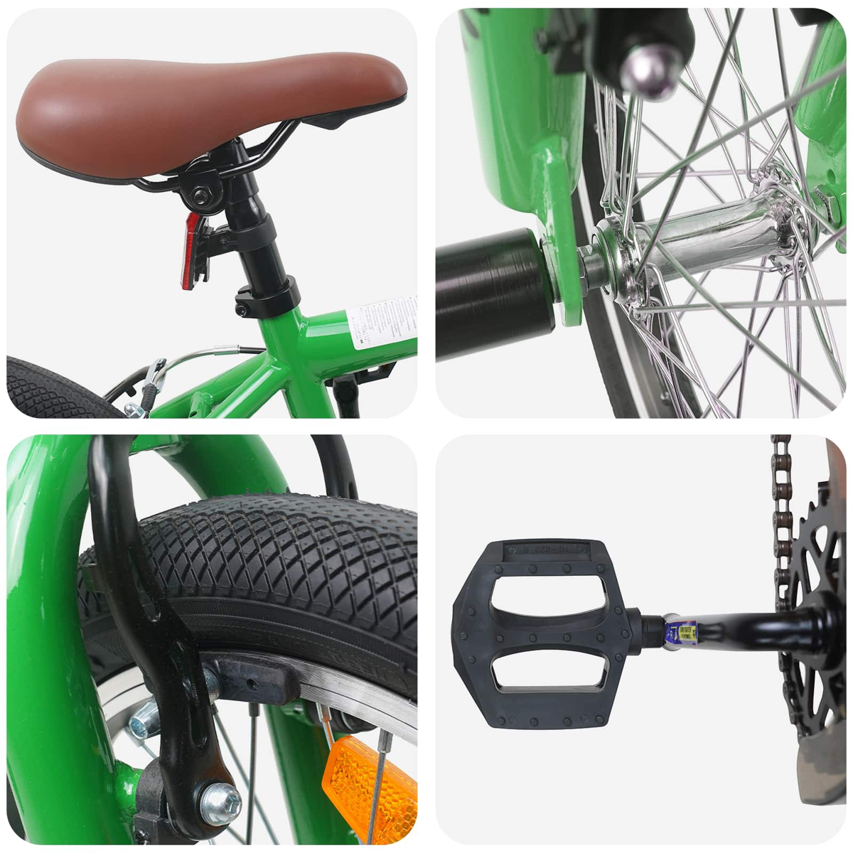 Grünes Fahrrad: Sattel, Rad, Bremse und Pedal im Detail.
