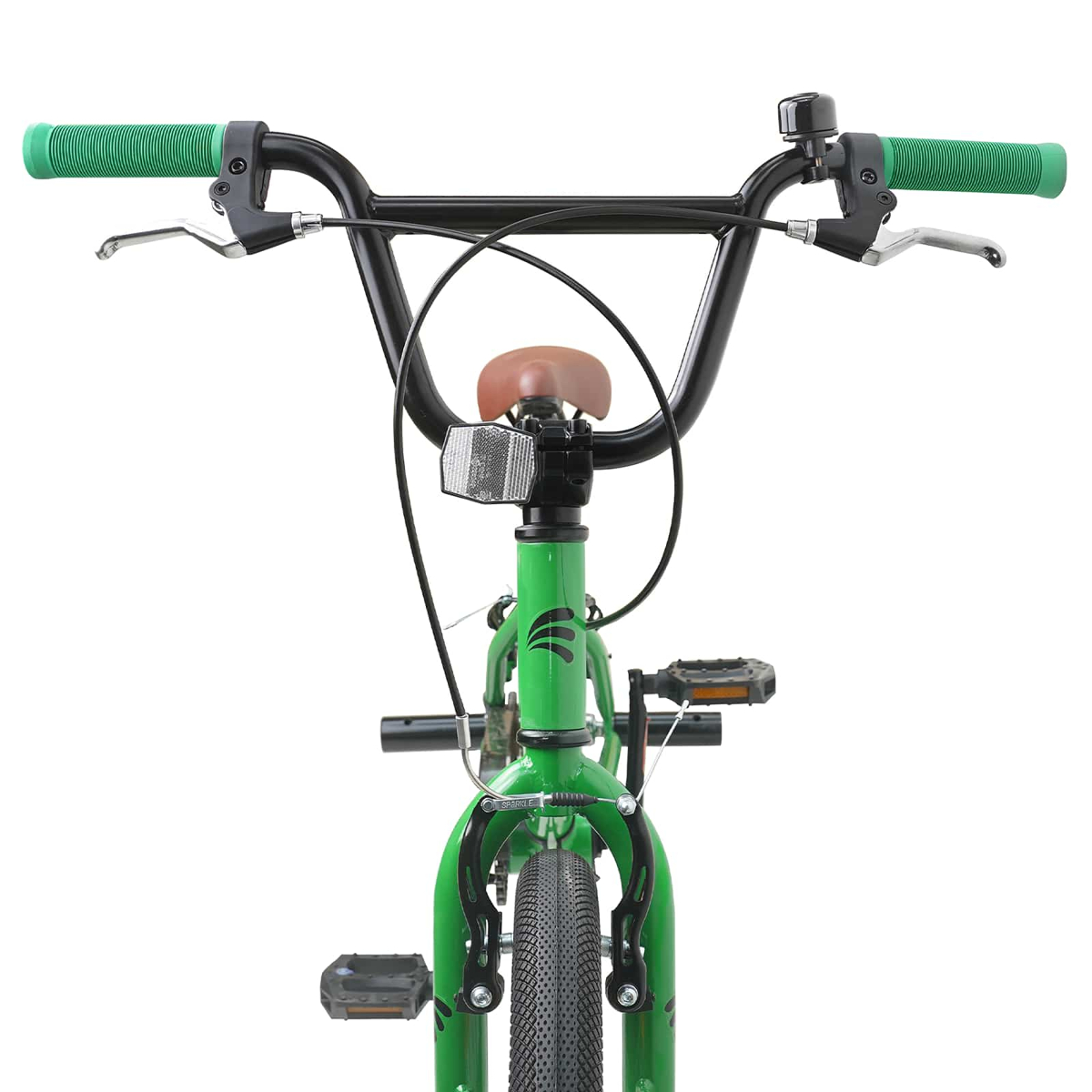Grünes BMX-Fahrrad mit braunem Sattel, schwarzen Lenkern und Pedalen.
