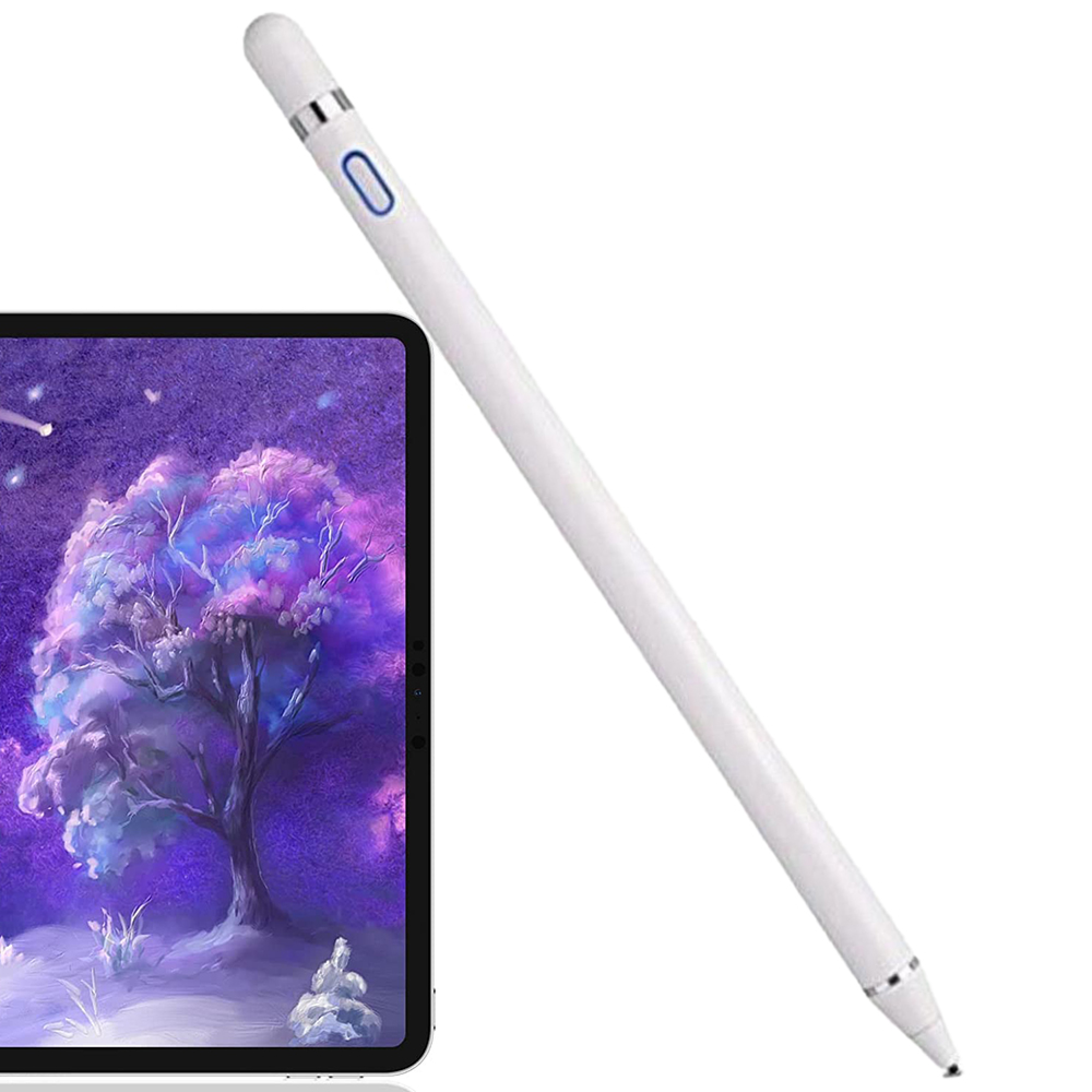 Ein weißer Eingabestift liegt neben einem Tablet mit einem lila Baum-Hintergrund.