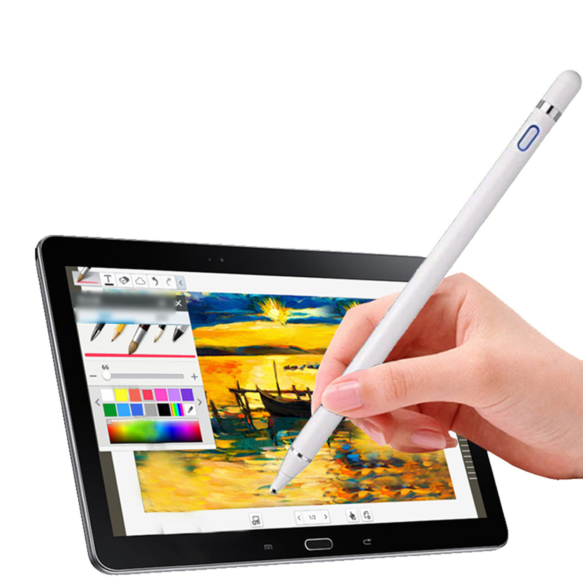 Eine Hand hält einen weißen Stift über ein Tablet, das eine Mal-App anzeigt.