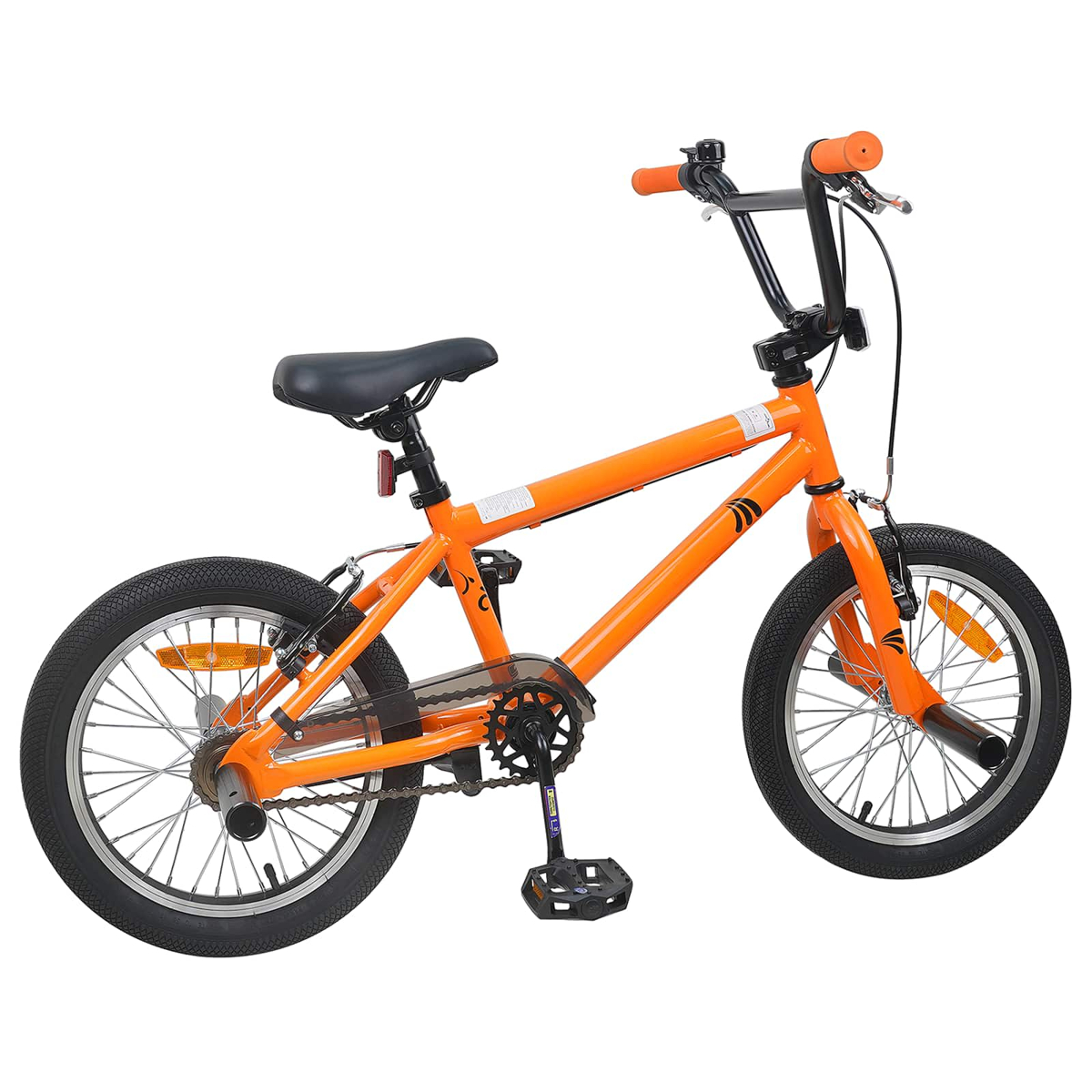 Ein orangefarbenes BMX-Fahrrad mit schwarzen Reifen und Griffen, auf weißem Hintergrund.