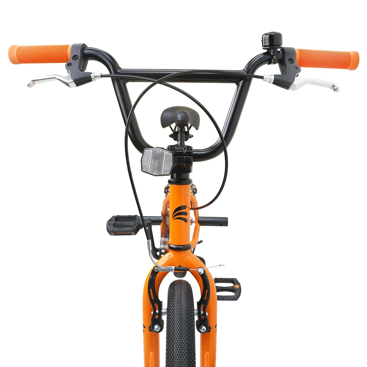 Vorderansicht eines orangefarbenen BMX-Rads mit schwarzen Lenkern, orangefarbenen Griffen und einem schwarzen Sattel.