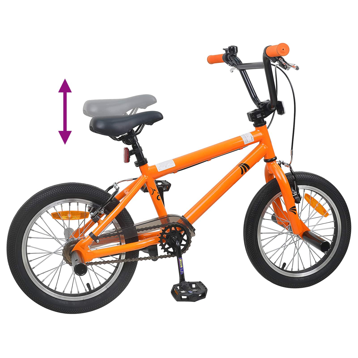 Ein leuchtend orangefarbenes BMX-Fahrrad mit schwarzen Reifen und Felgen, auf weißem Hintergrund.
