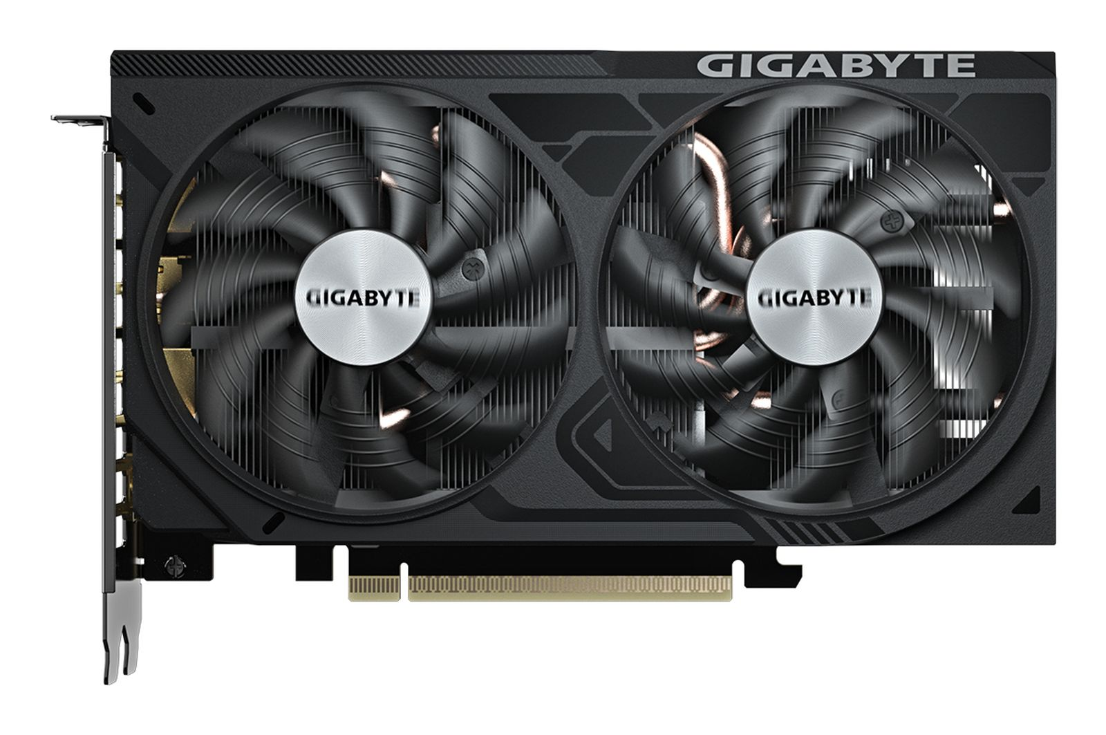 Una scheda grafica Gigabyte nera con due ventole e tubi di rame.