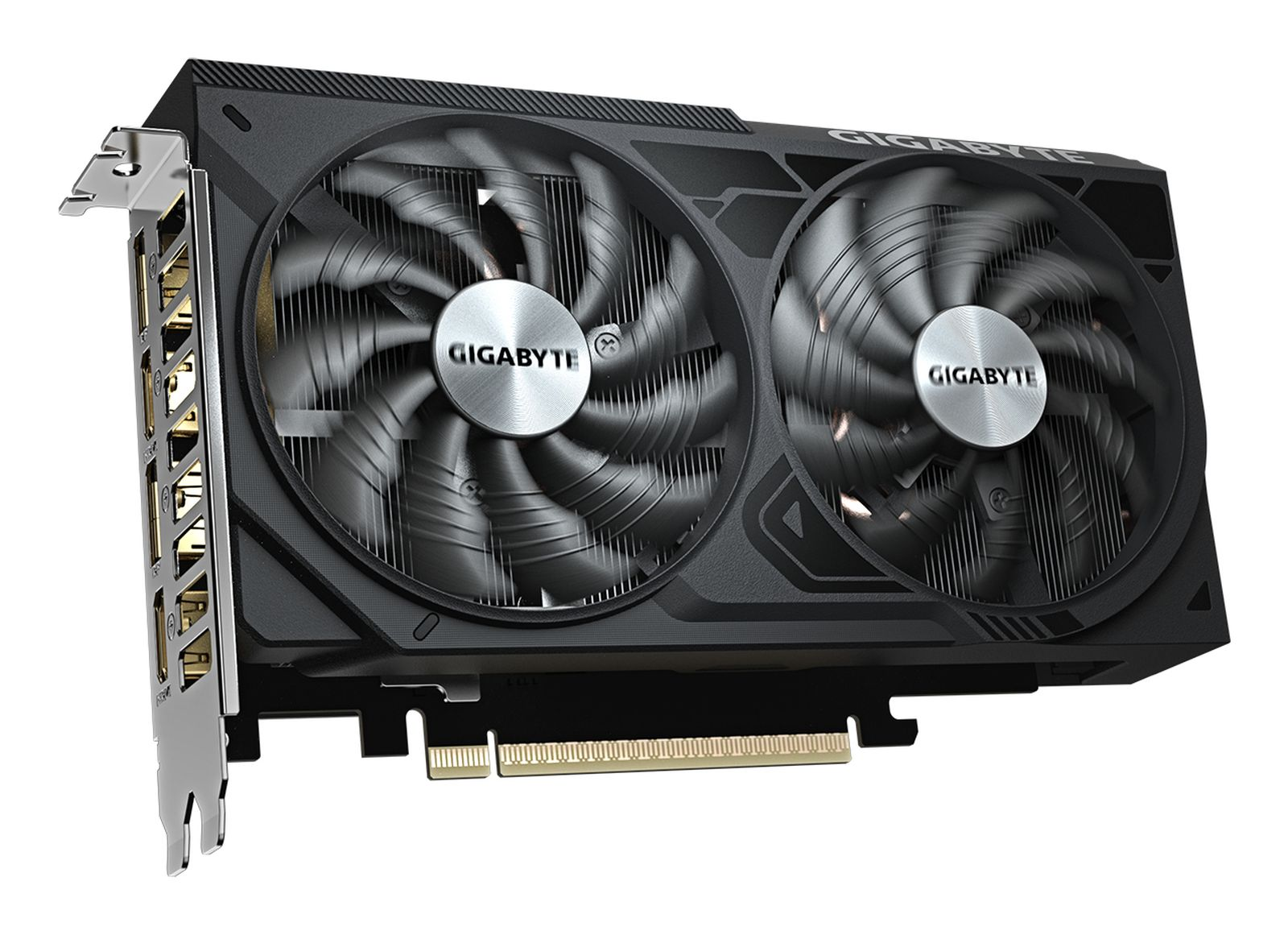 Scheda grafica Gigabyte nera con due ventole e loghi argentati, su sfondo bianco.