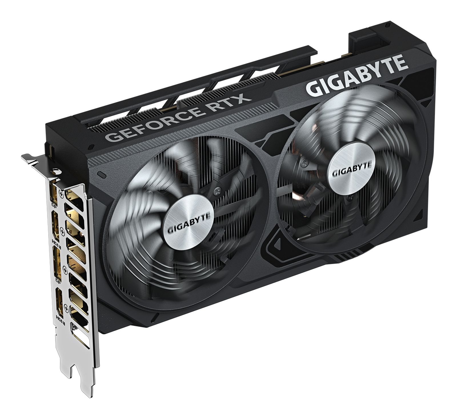 Scheda grafica Gigabyte GeForce RTX nera con due ventole e logo Gigabyte argentato.