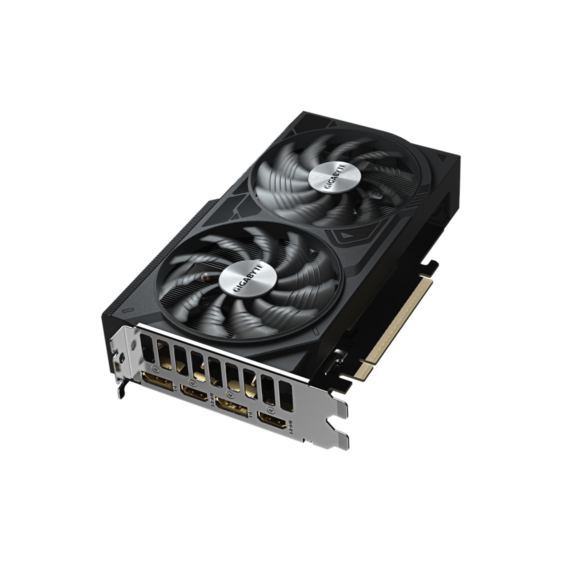 Una scheda grafica nera con due ventole e porte HDMI.