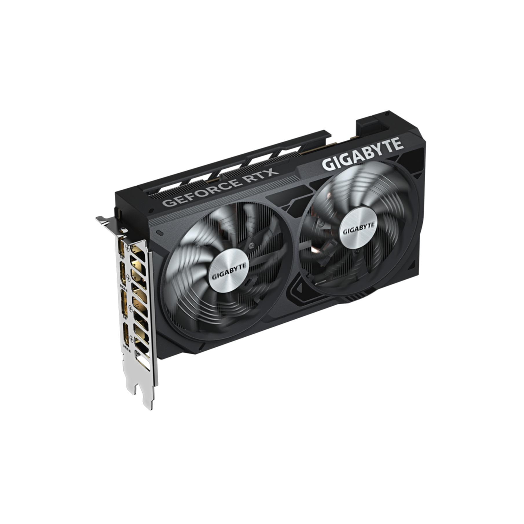 Scheda grafica nera con due ventole e logo Gigabyte su sfondo bianco.