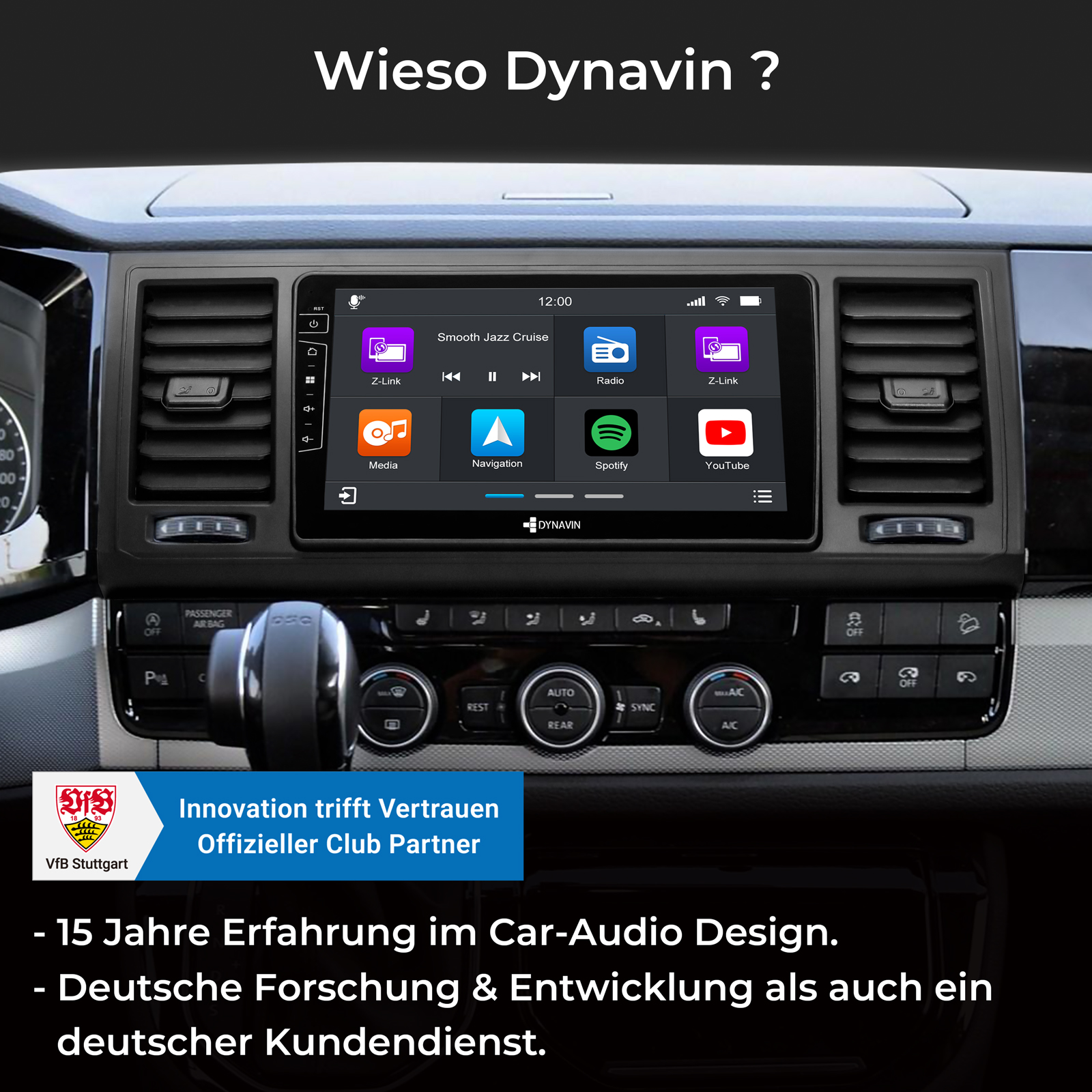 Ein Auto-Infotainmentsystem mit Touchscreen zeigt Apps wie Radio, Navigation, Spotify.
