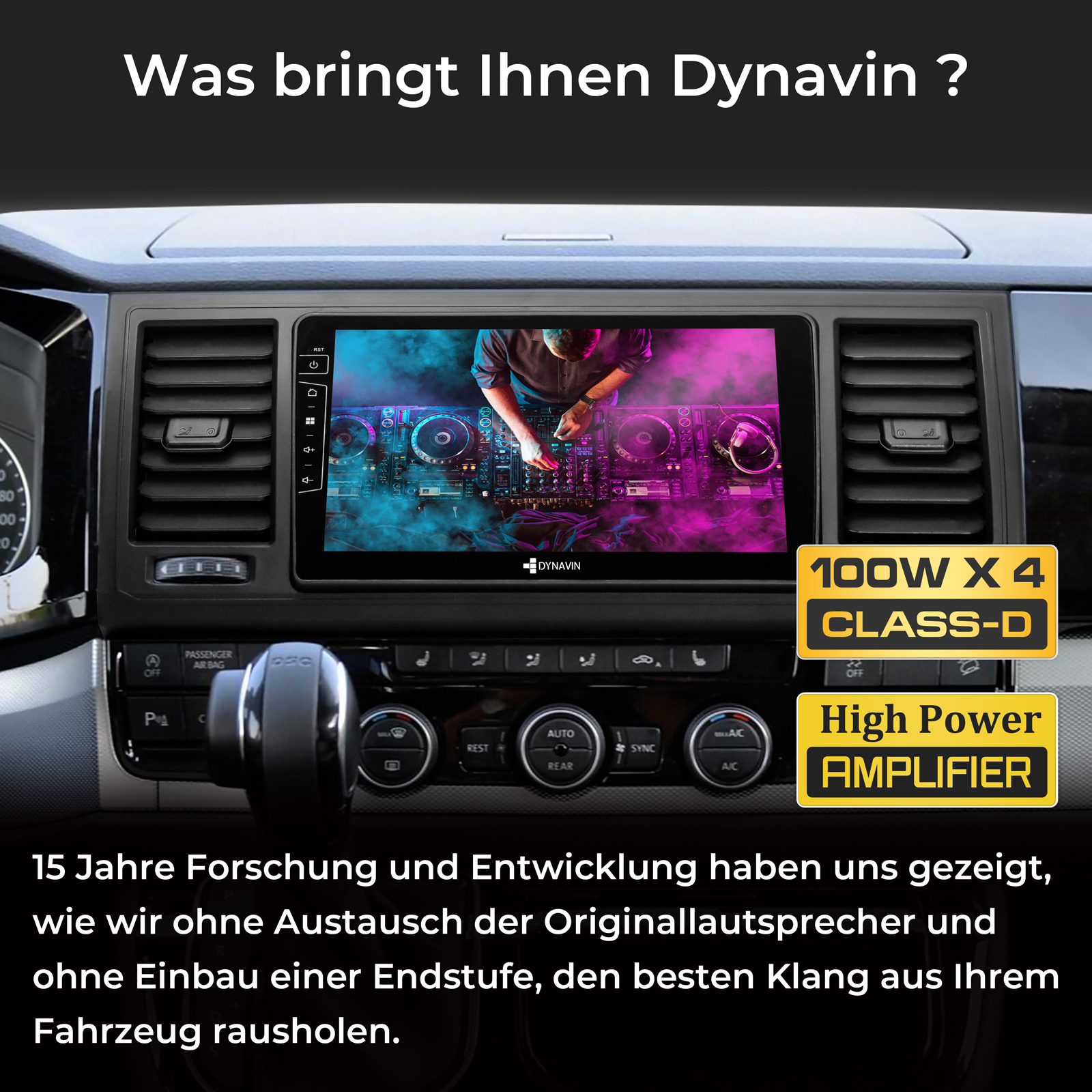 Ein Autoradio mit DJ-Szene auf dem Bildschirm und Text über Verstärkerleistung.