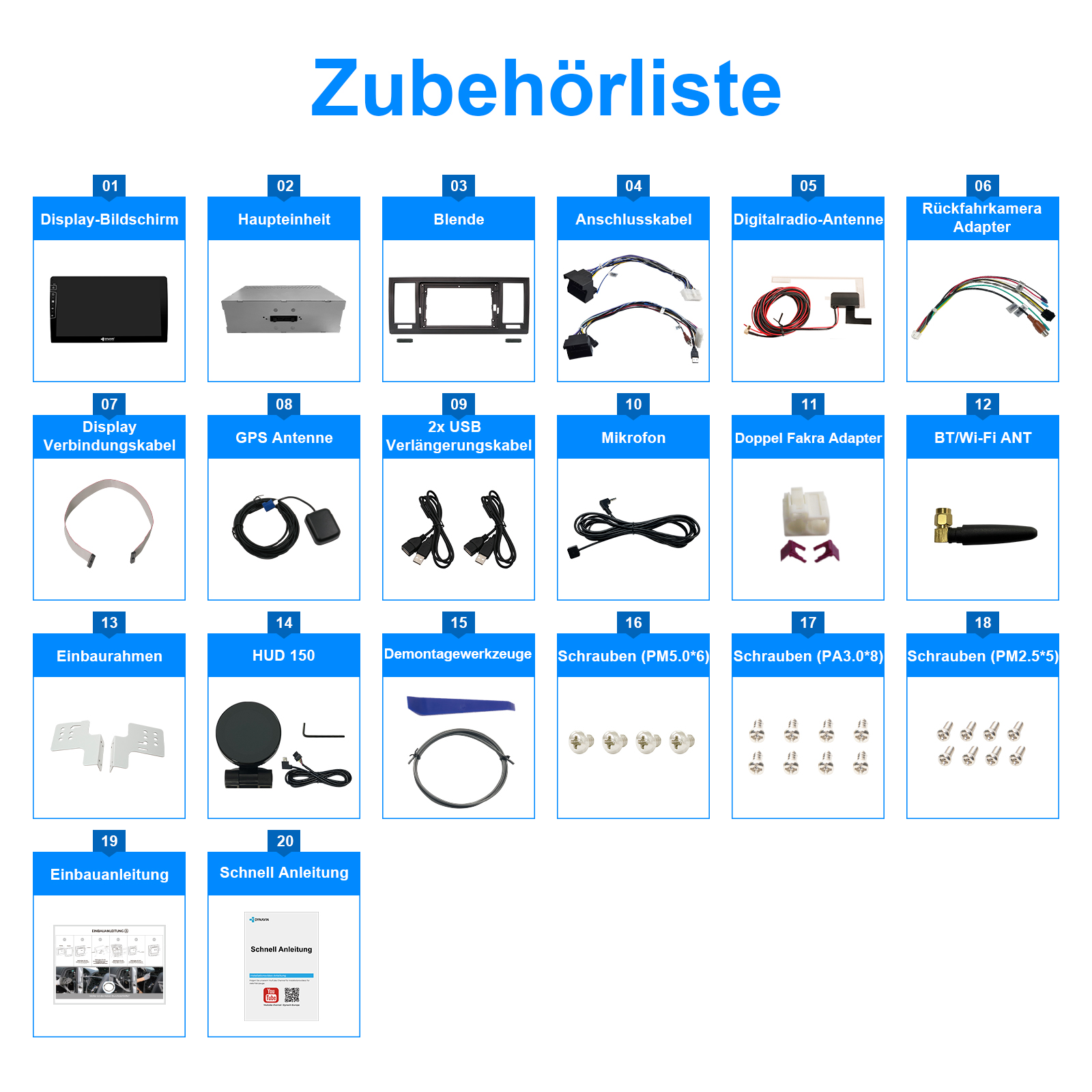 Übersicht über Autozubehörteile mit Nummern und Namen, z.B. Bildschirm, Haupteinheit, Kabel, Antennen, Schrauben.