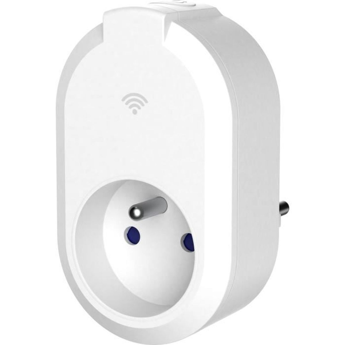 Ein weißer Smart-Stecker mit WLAN-Symbol und Steckdose.