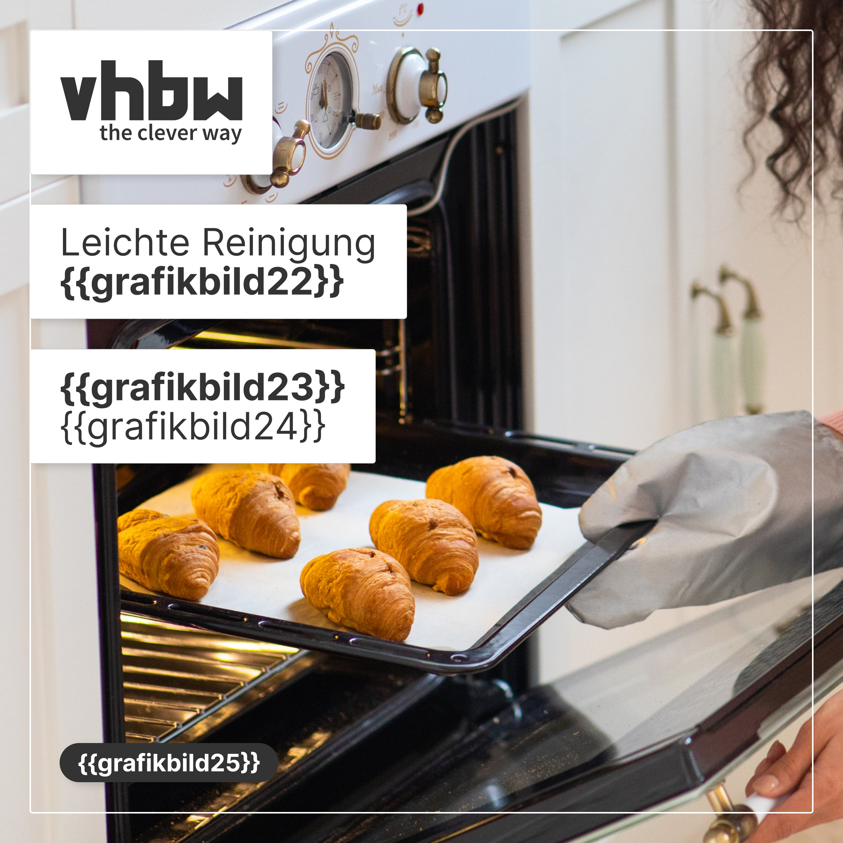 Eine behandschuhte Hand holt ein Blech goldener Croissants aus einem weißen Ofen.