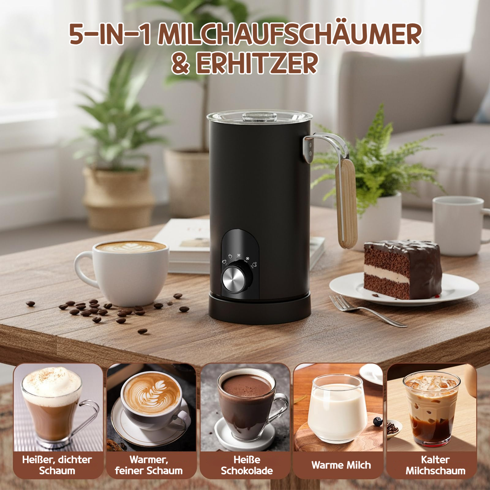 Ein schwarzer Milchaufschäumer steht auf einem Holztisch mit Kaffee, Kuchen und Getränken.
