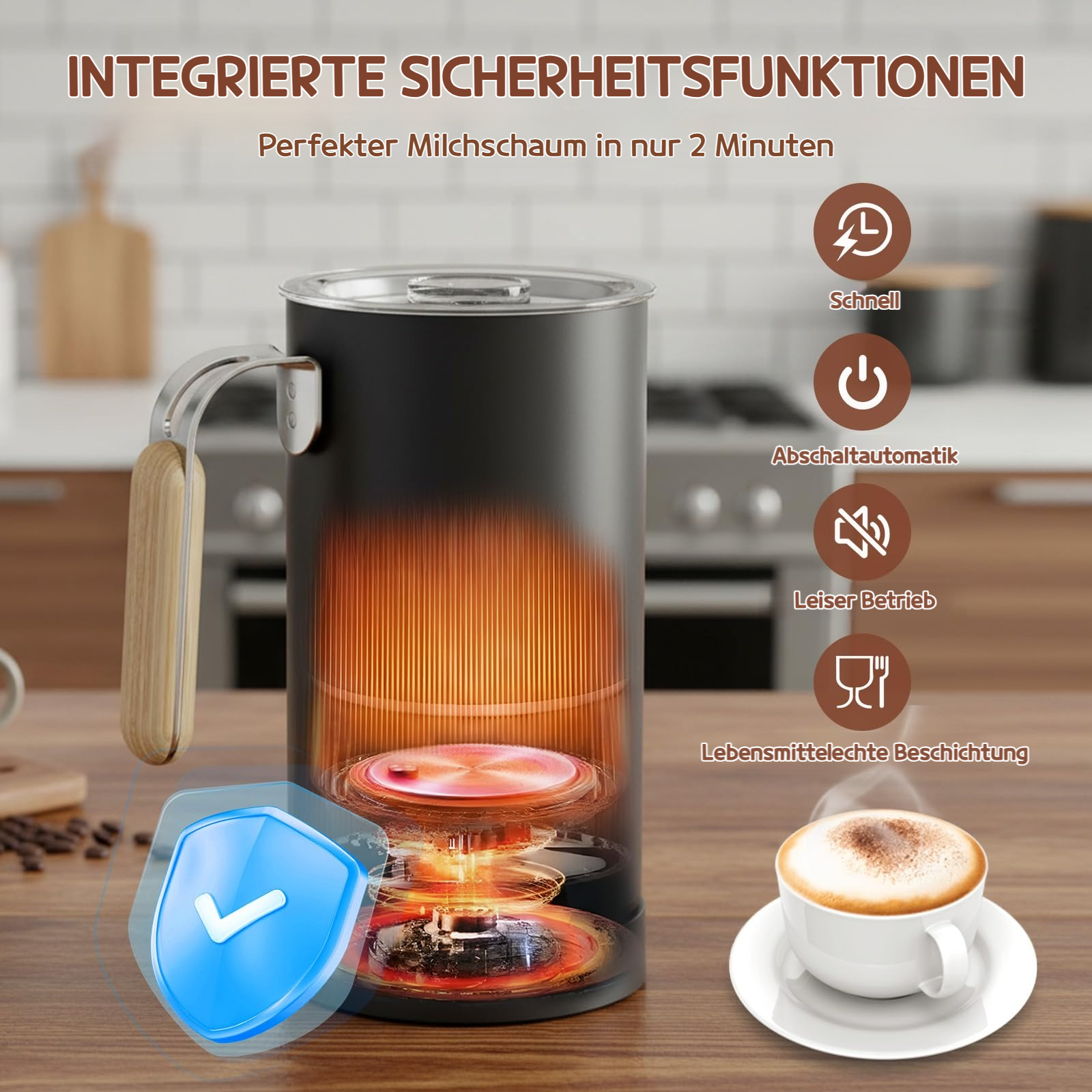 Ein Milchaufschäumer mit integrierten Sicherheitsfunktionen und ein Cappuccino.