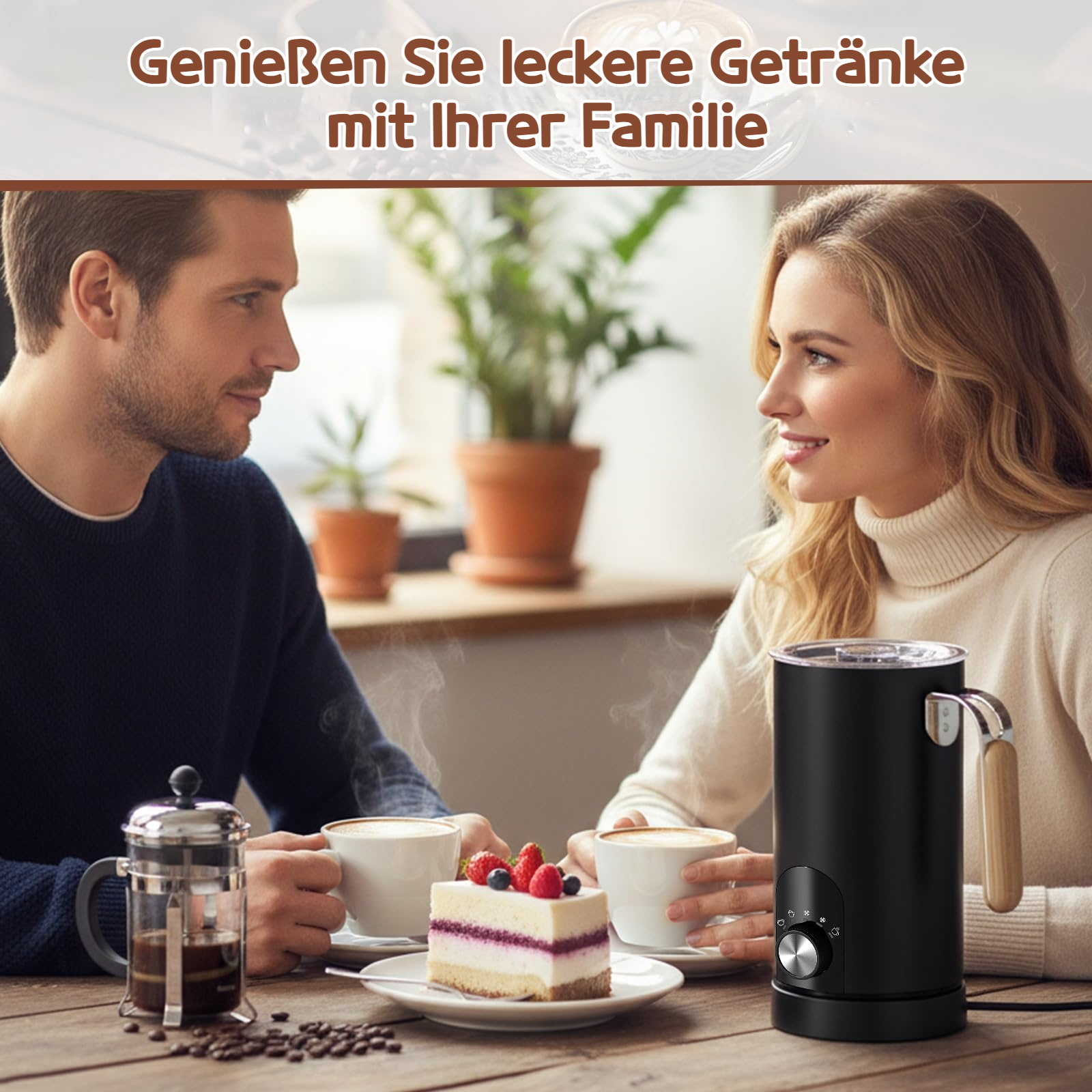 Ein Paar genießt Kaffee und Kuchen an einem Holztisch mit Dampf.