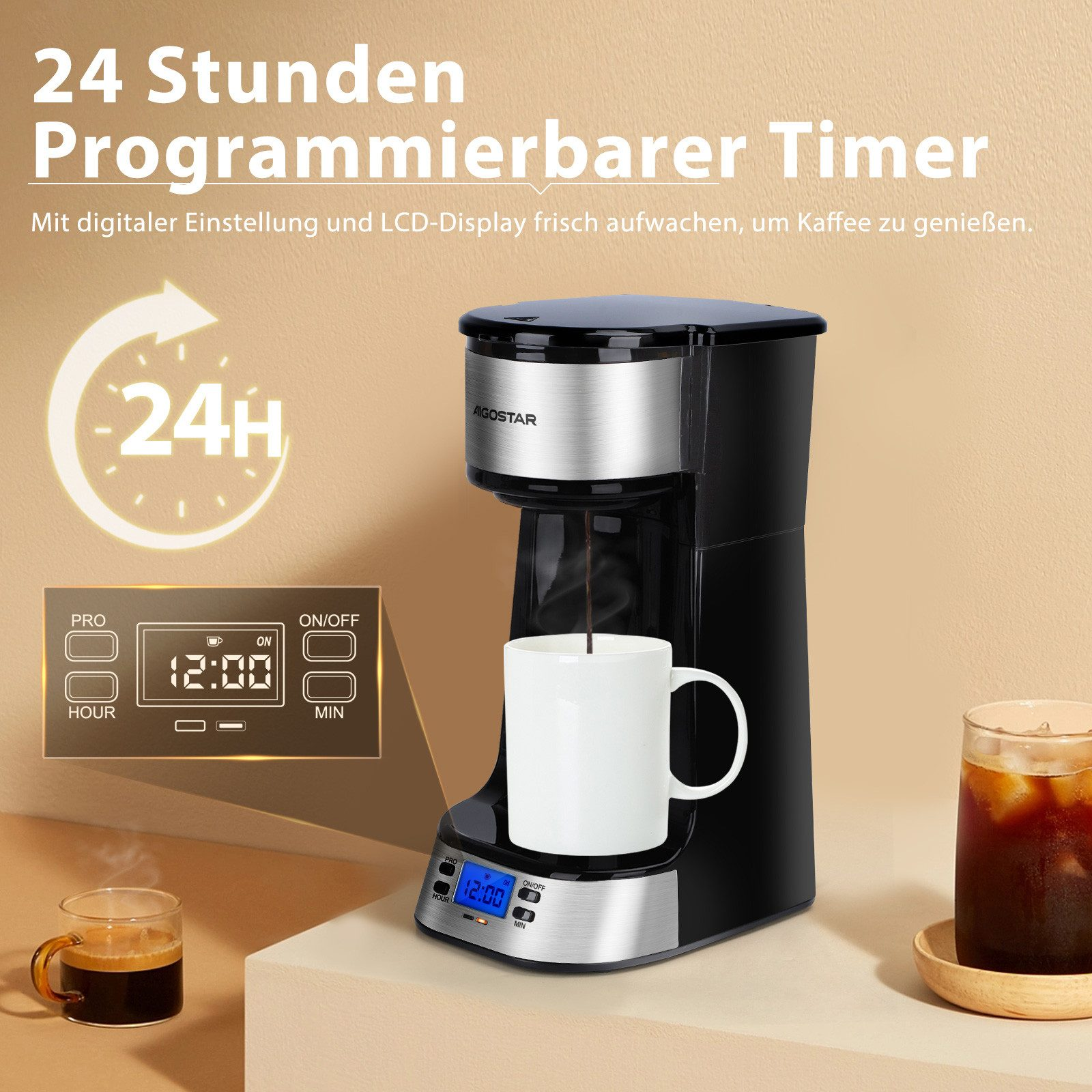 Schwarze Kaffeemaschine mit weißer Tasse, LCD-Display und 24h-Timer-Symbol.