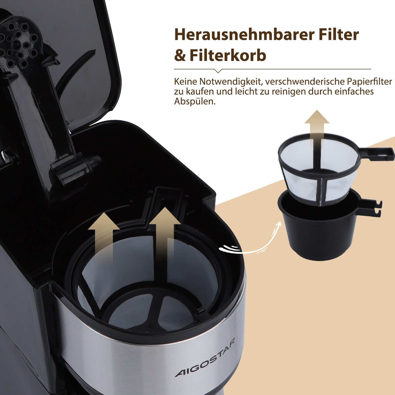 Ein schwarzer Kaffeeautomat mit herausnehmbarem Filter und Filterkorb.