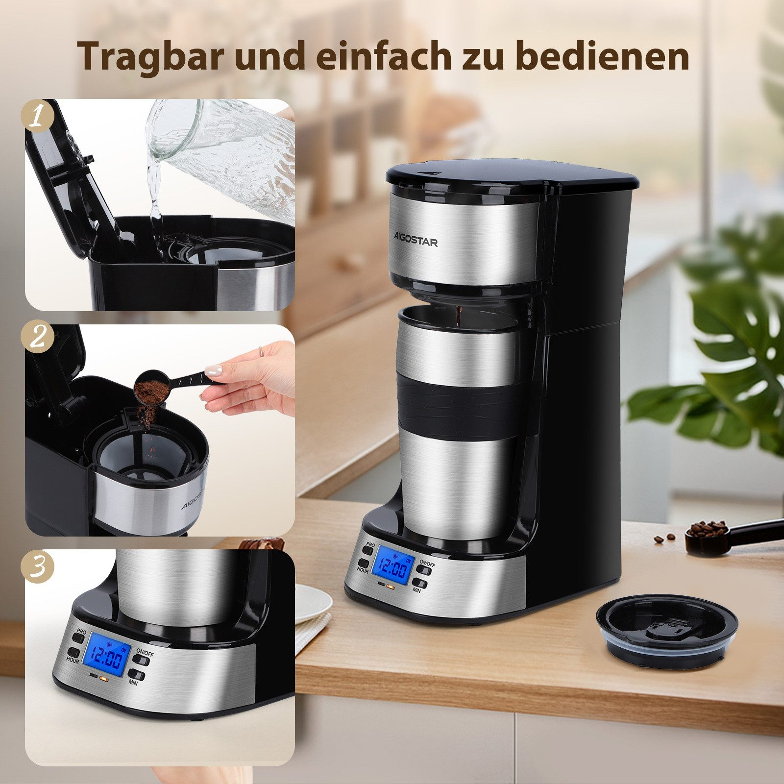 Eine Kaffeemaschine mit einem silbernen Thermobecher und digitaler Anzeige.