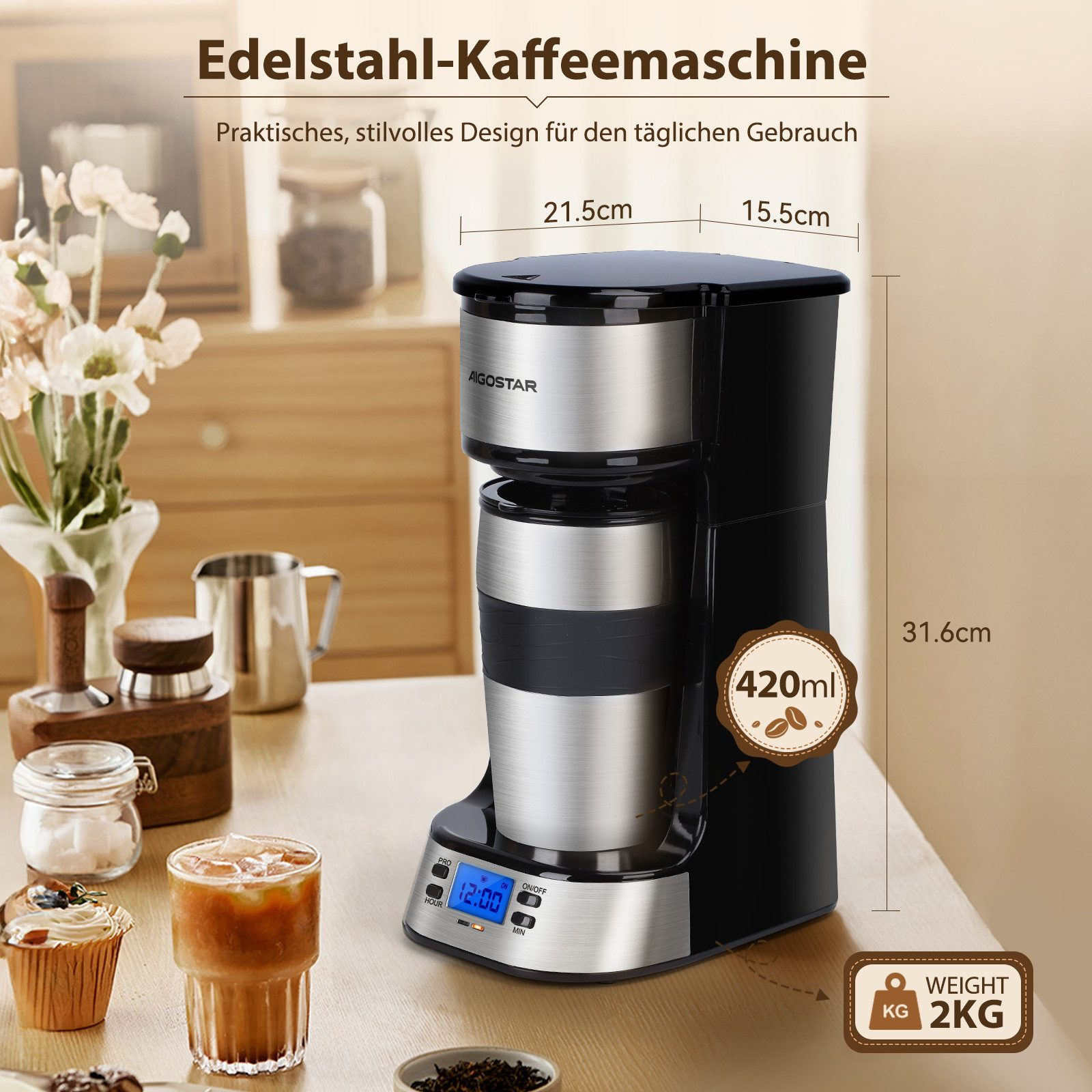 Eine schwarze Edelstahl-Kaffeemaschine mit digitaler Anzeige und Zubehör.