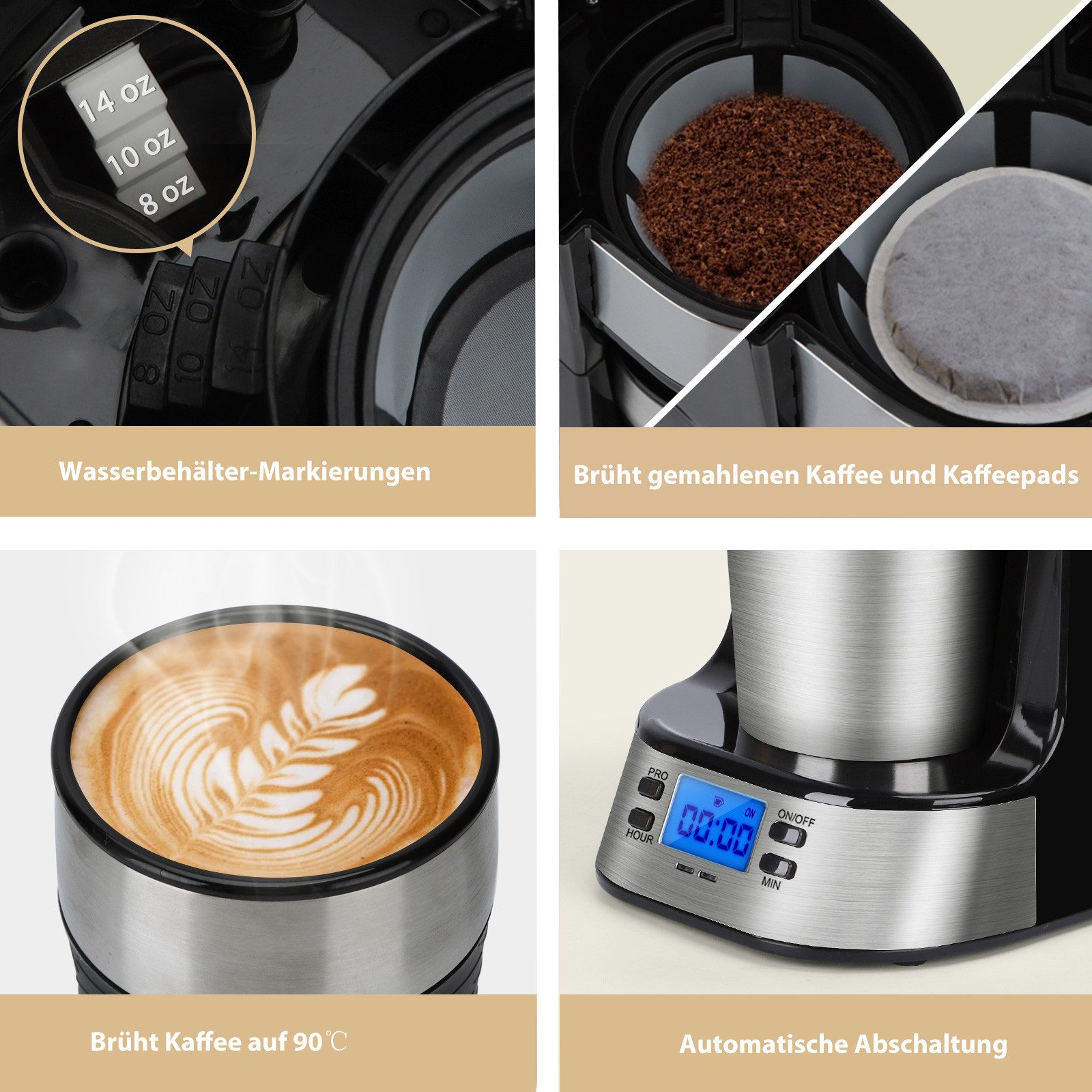 Kaffeemaschine mit Wasserbehälter-Markierungen, Kaffeezubereitung, Latte Art & digitalem Display.