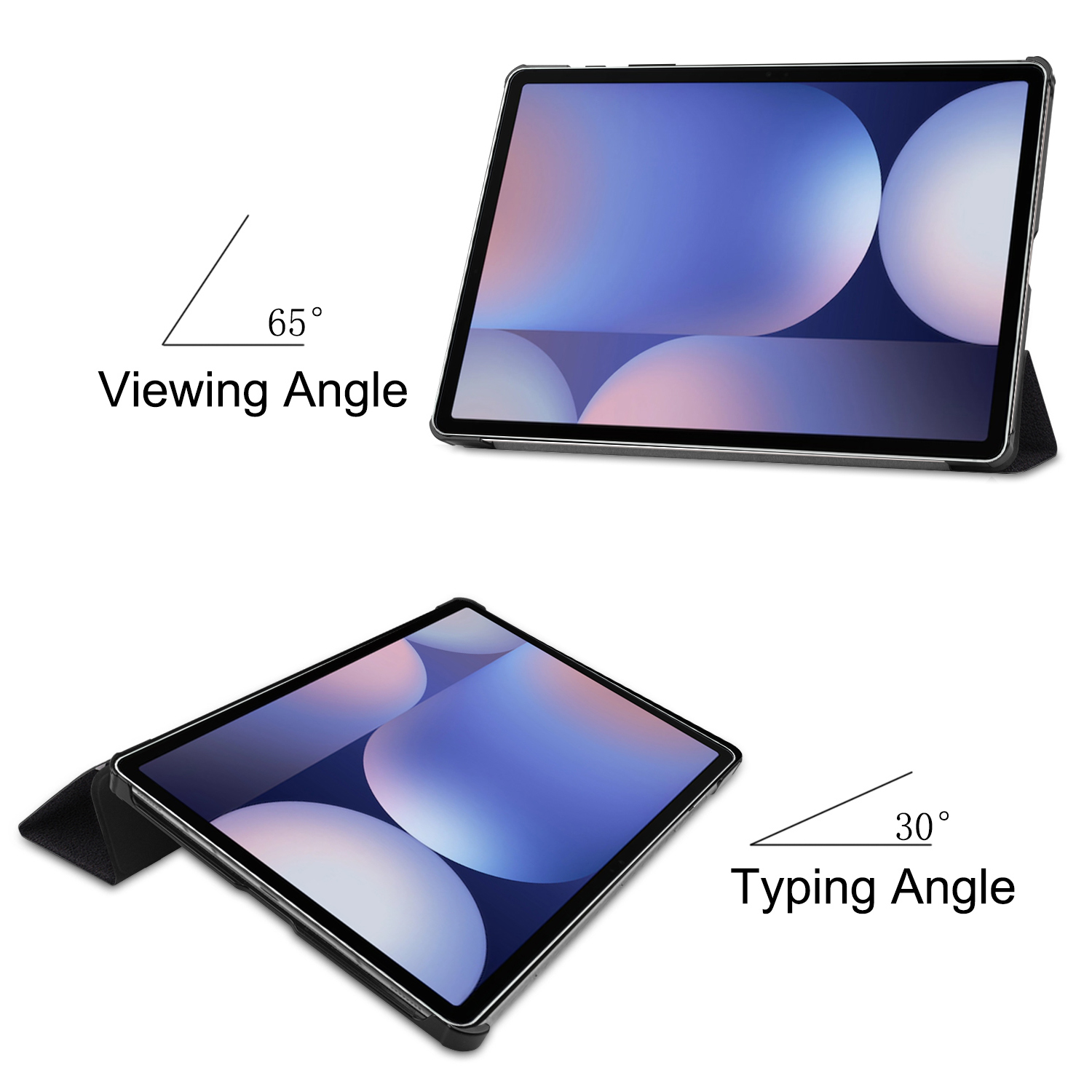 Tablet con angolo di visione di 65° e angolo di digitazione di 30° con supporto nero.