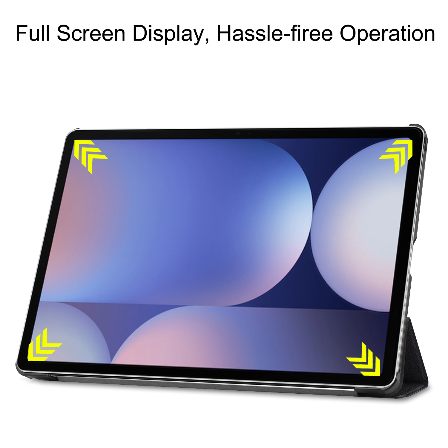 Un tablet con schermo intero in custodia nera, con frecce gialle sugli angoli.