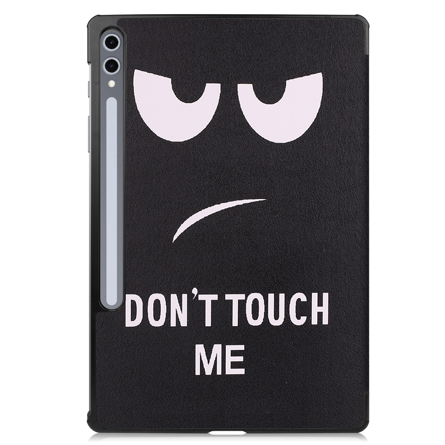 Custodia nera con "DON'T TOUCH ME" e una faccia arrabbiata.