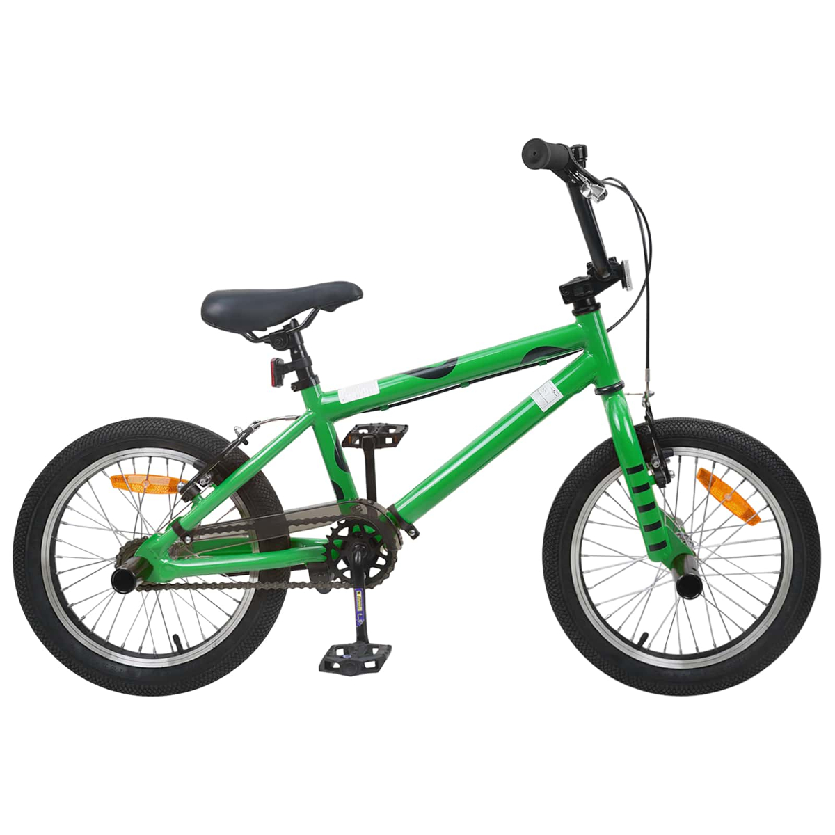Ein grünes BMX-Fahrrad mit schwarzen Akzenten, einem schwarzen Sattel und schwarzen Reifen.