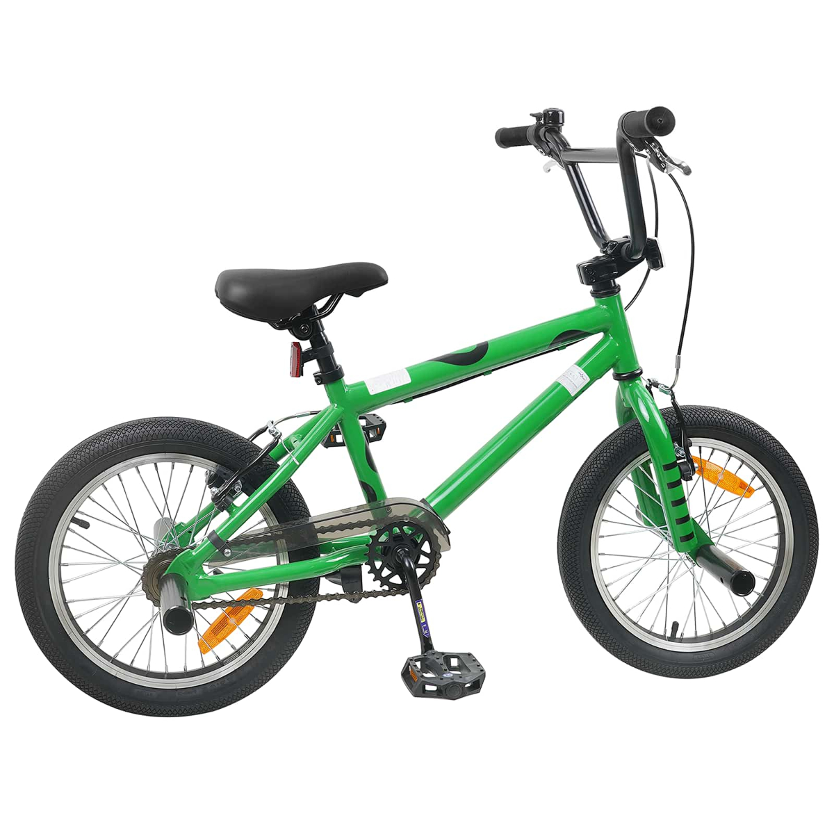 Ein grünes BMX-Rad mit schwarzen Griffen und Sattel, freigestellt auf weißem Hintergrund.