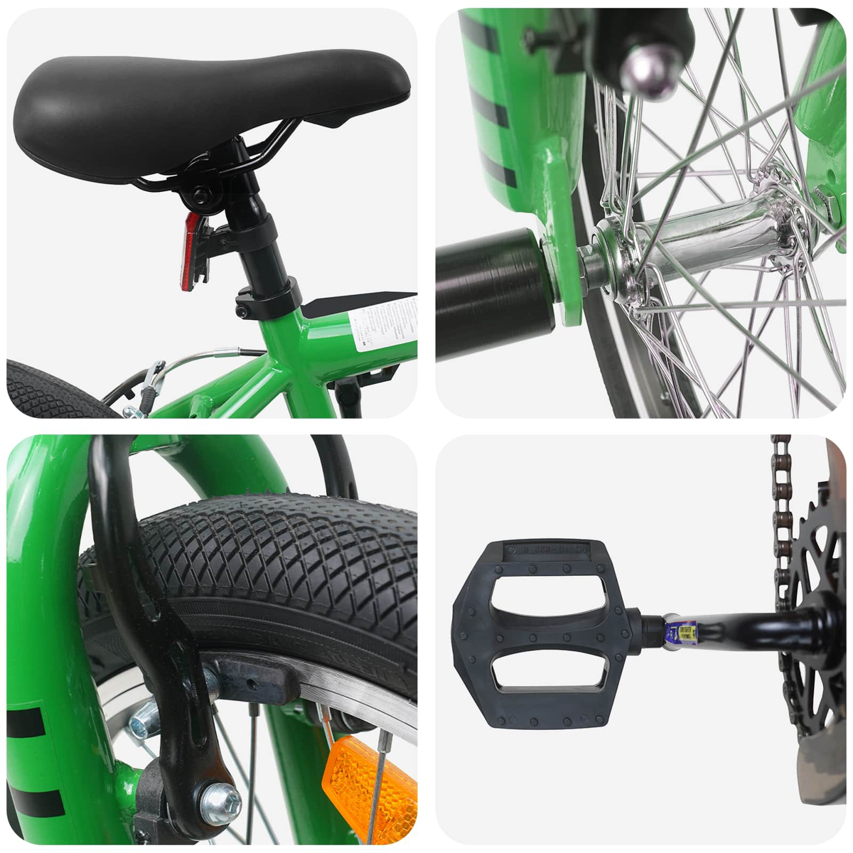 Grünes Fahrraddetail: Sattel, Rad, Bremse und Pedal.