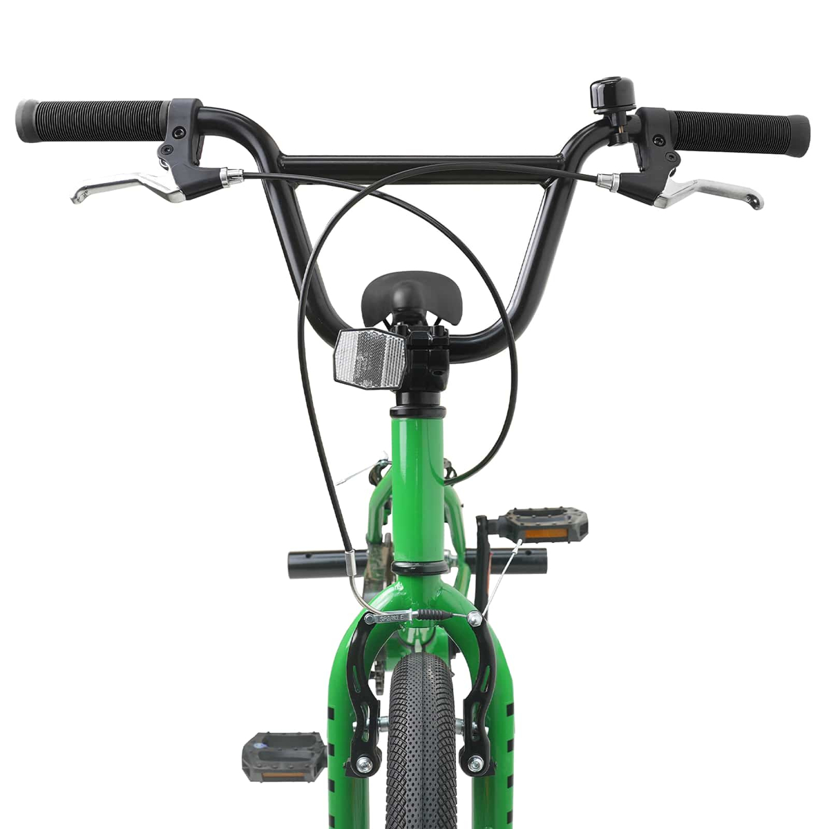 Grünes Fahrrad mit schwarzen Lenkern, Bremsen und Klingel.