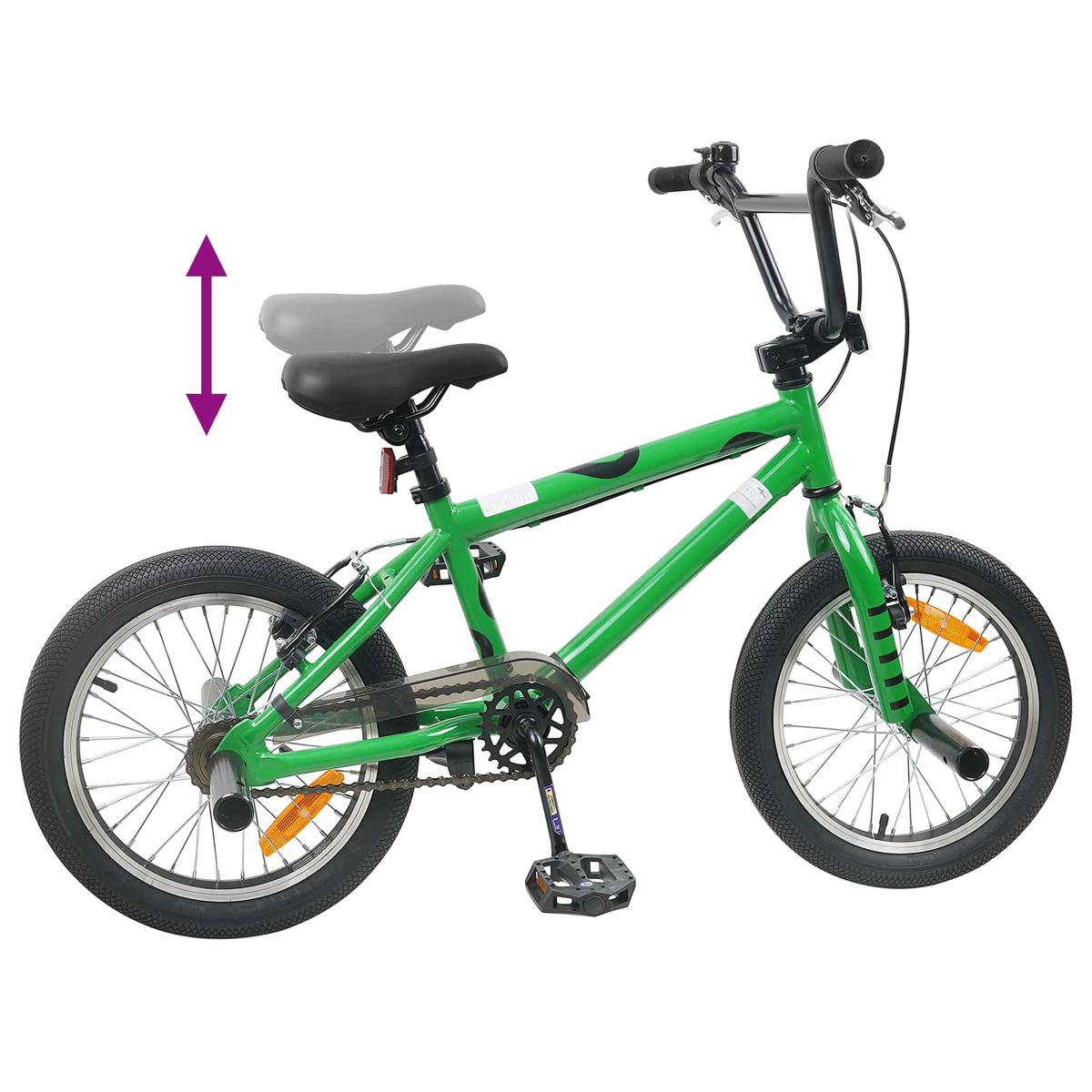 Ein grünes BMX-Rad mit schwarzem Lenker und Pedalen. Der Sitz ist verstellbar.