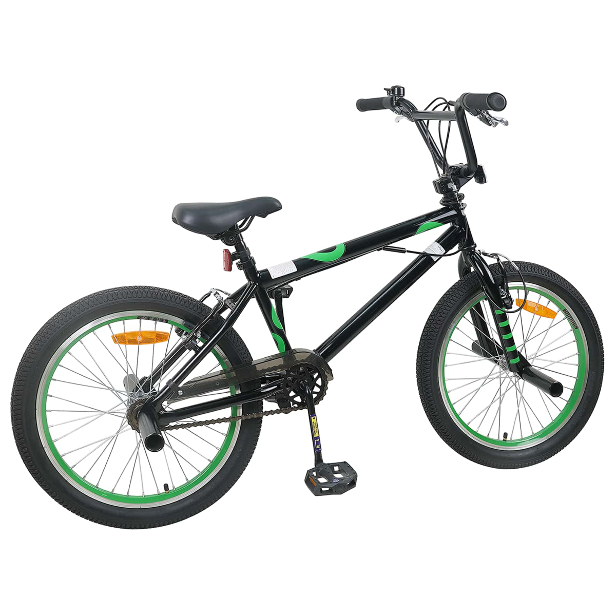 Ein schwarzes BMX-Fahrrad mit grünen Akzenten auf weißem Hintergrund.