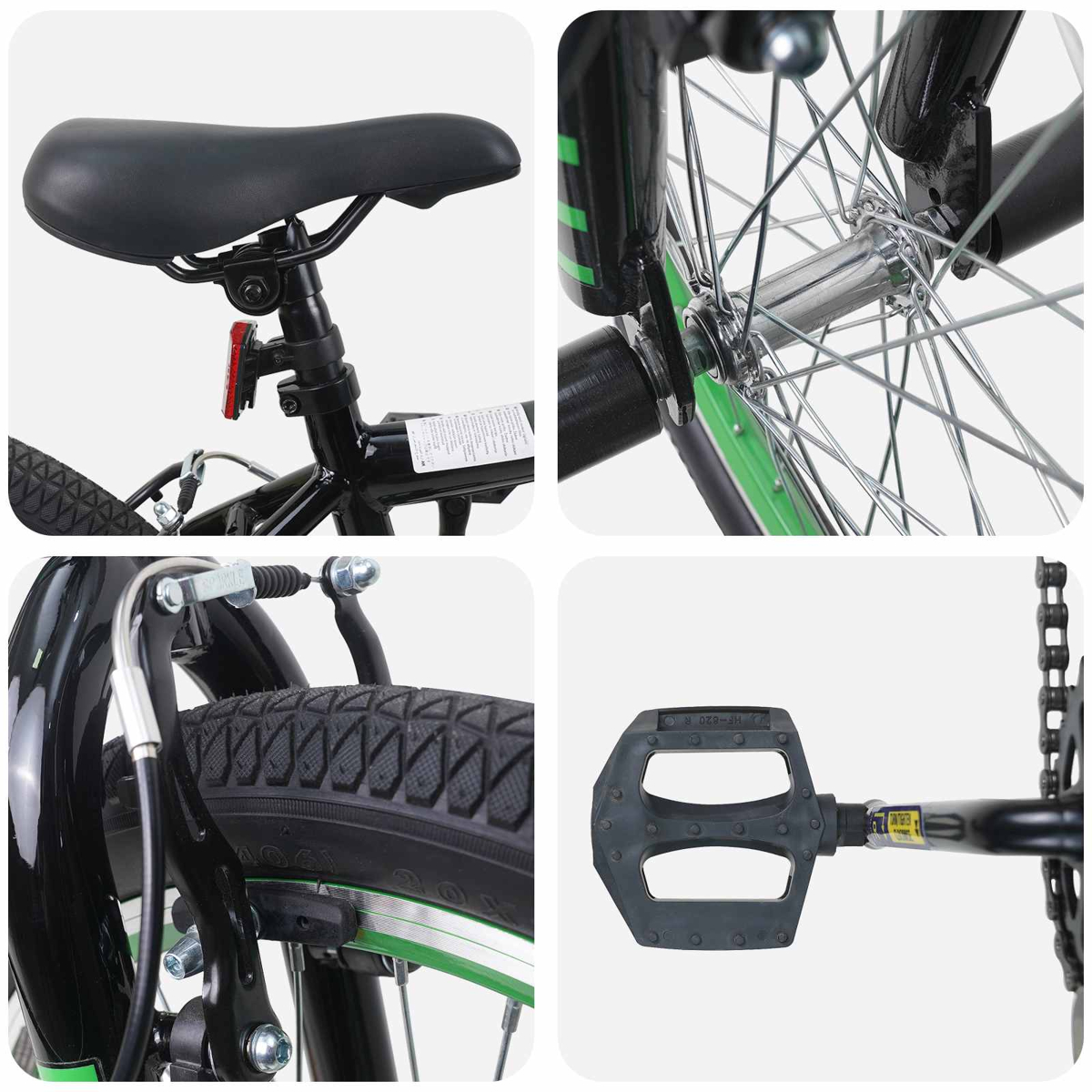 Vier Details eines schwarzen Fahrrads mit grünen Akzenten: Sattel, Radnabe, Vorderreifen und Pedal.