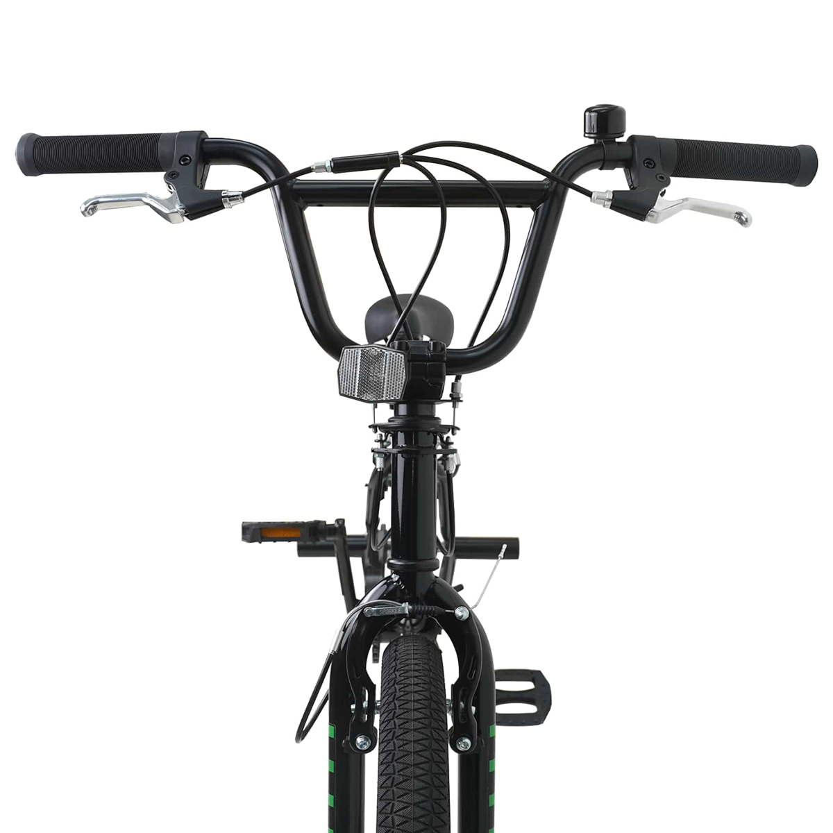 Vorderansicht eines schwarzen BMX-Fahrrads mit Lenker, Klingel, Licht und Reifen.