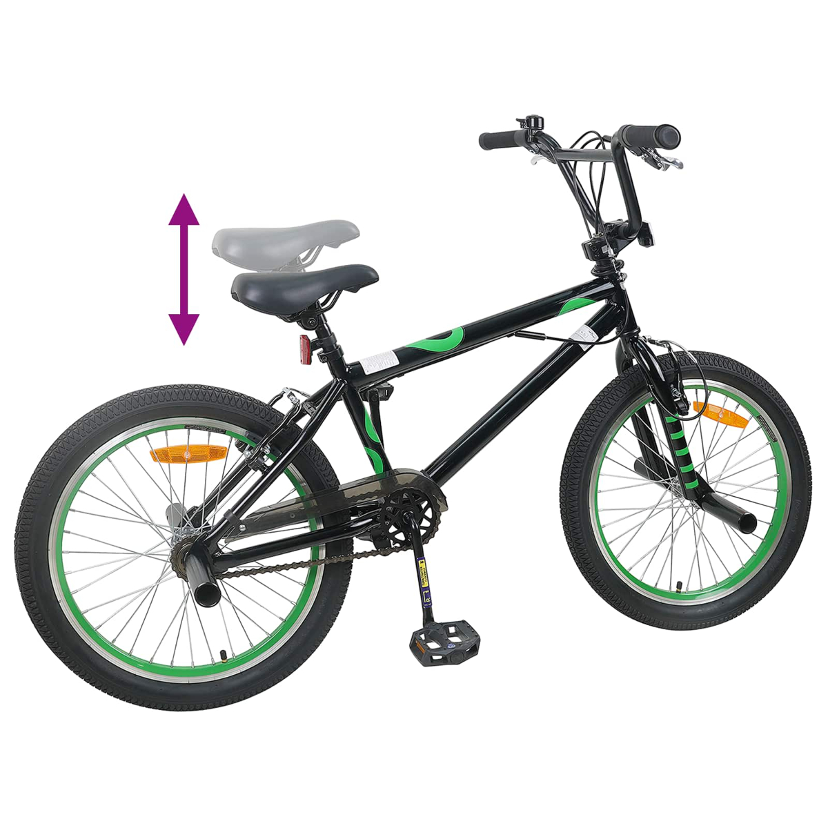 Schwarzes BMX-Rad mit grünen Akzenten und verstellbarer Sattelhöhe.