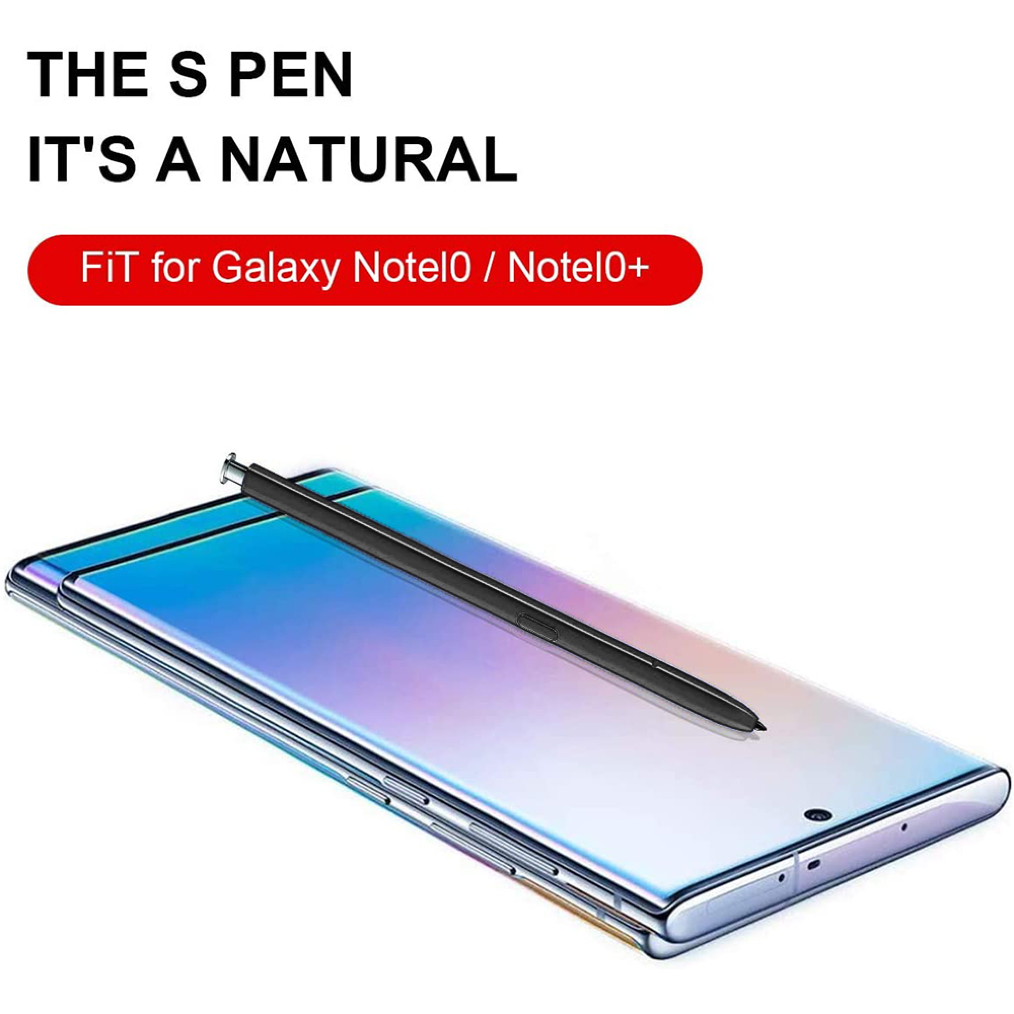 Ein schwarzer S Pen liegt auf einem glänzenden Smartphone mit blau-violettem Farbverlauf.