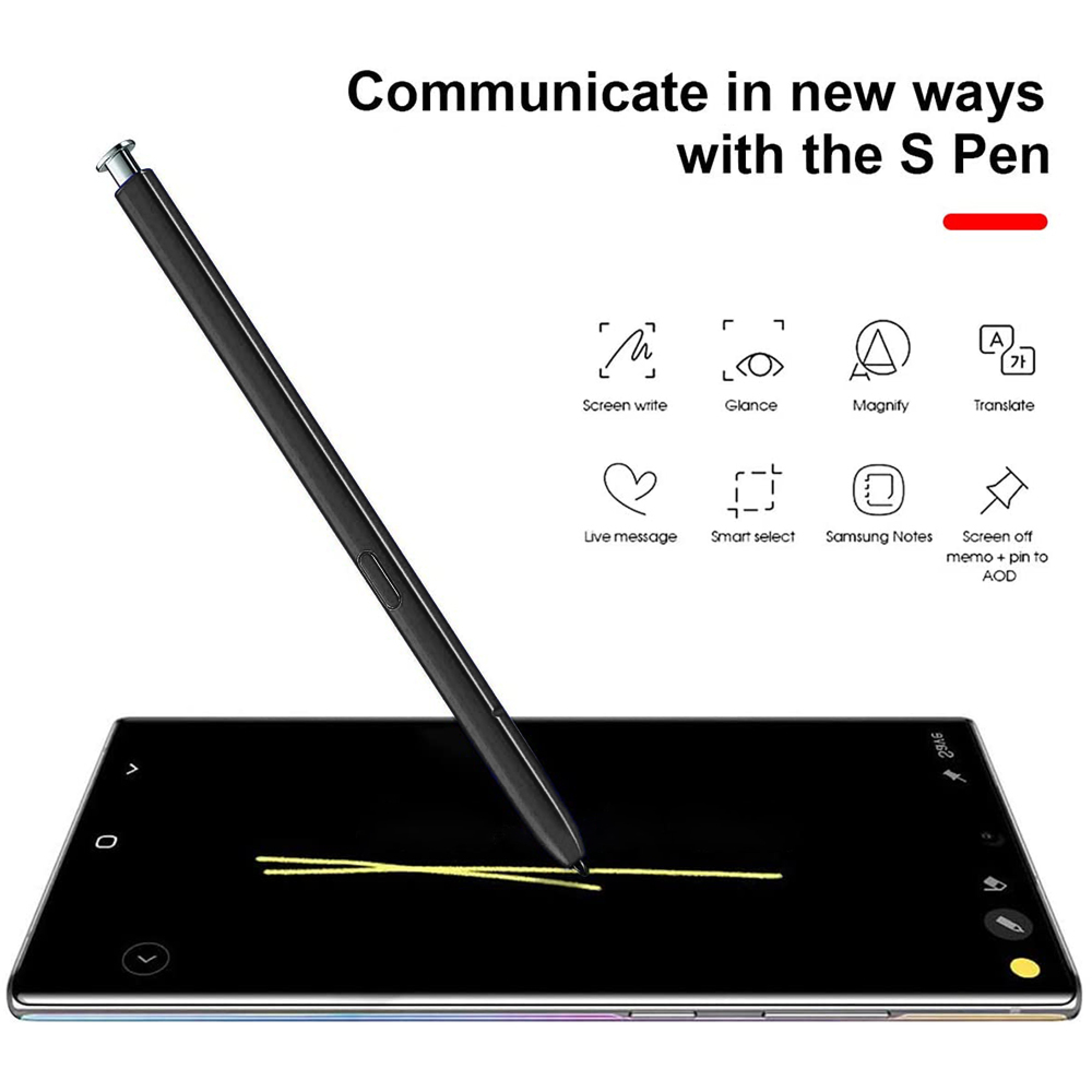 Ein schwarzer S Pen liegt auf einem Smartphone, das mit gelben Linien beschrieben wird.