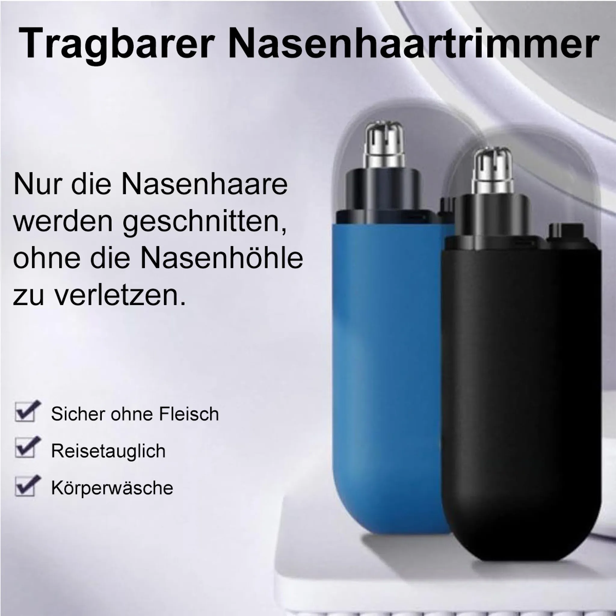 Zwei Nasenhaartrimmer, blau und schwarz, auf weißem Untergrund.