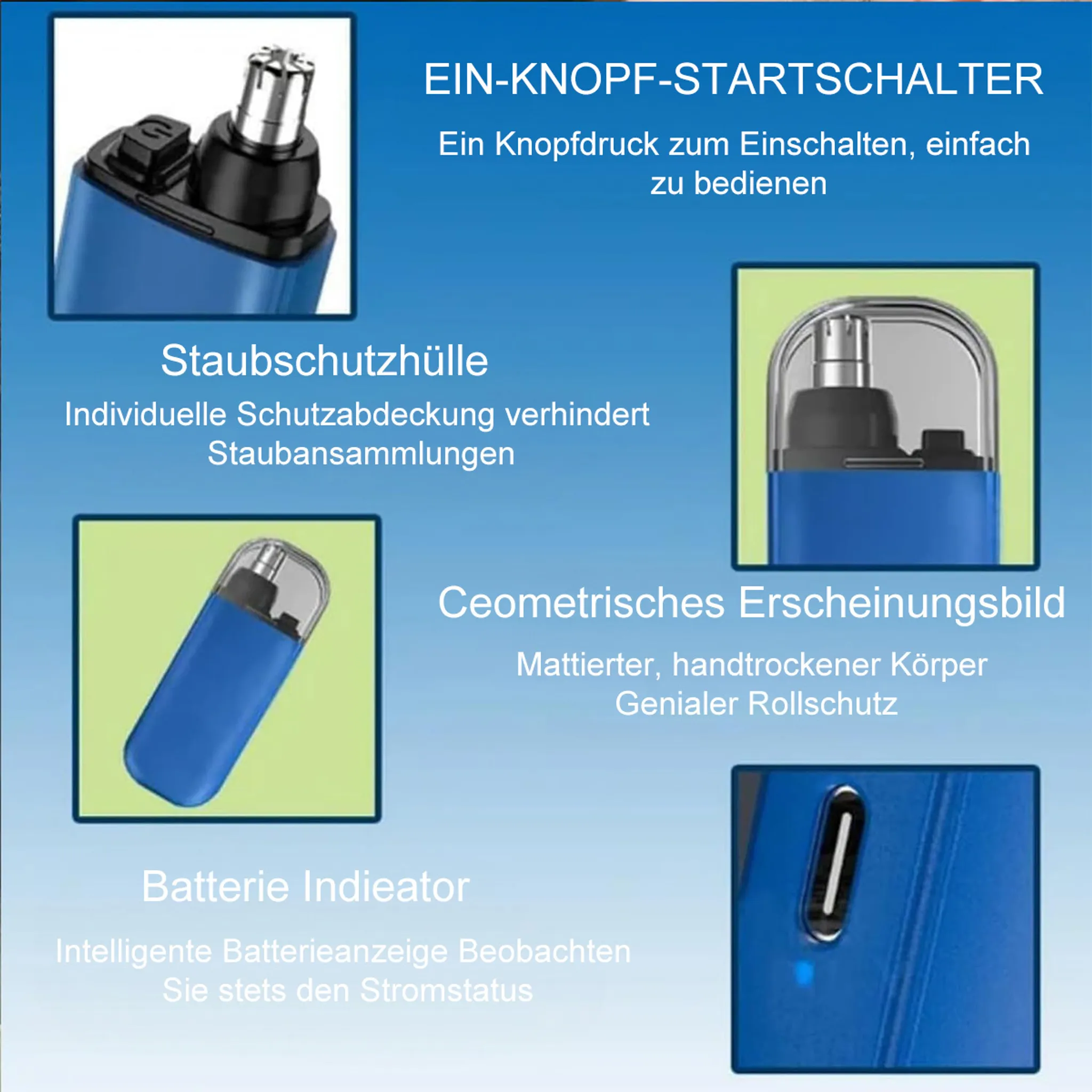 Ein blauer Ein-Knopf-Schalter mit Zubehörteilen.
