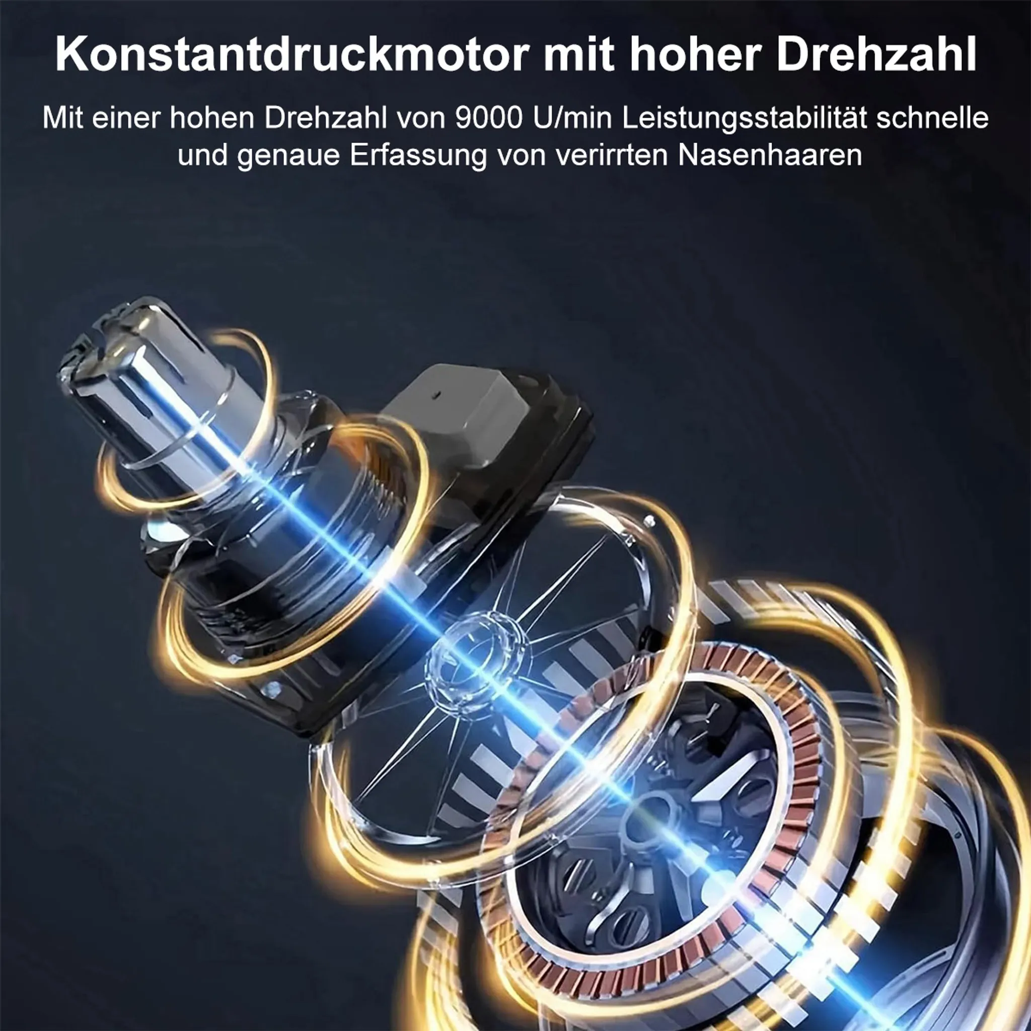 Detailaufnahme eines Motors mit gelben Lichtkreisen und blauem Lichtstrahl.