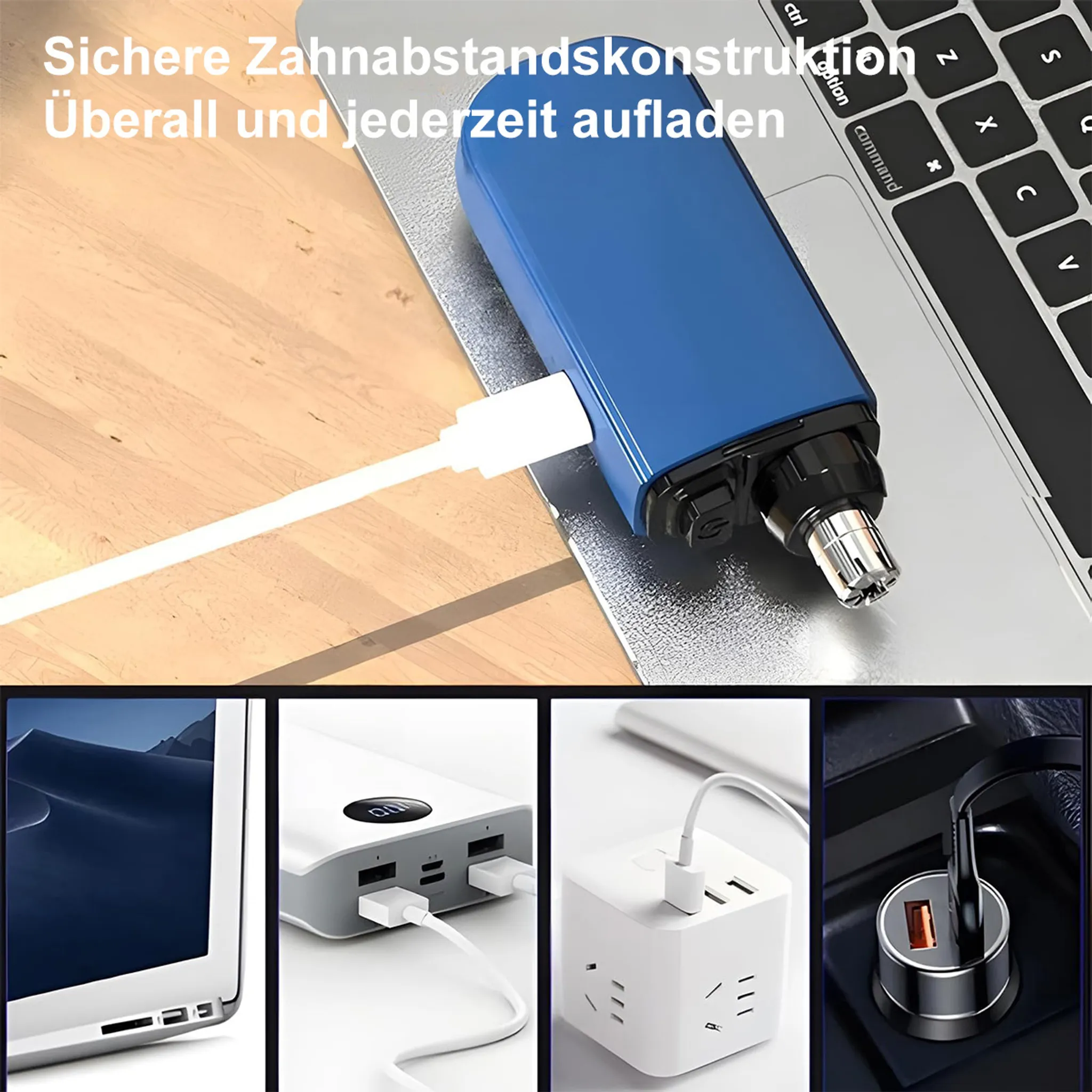 Ein blaues Ladegerät liegt auf einer Tastatur, daneben ein Laptop.
