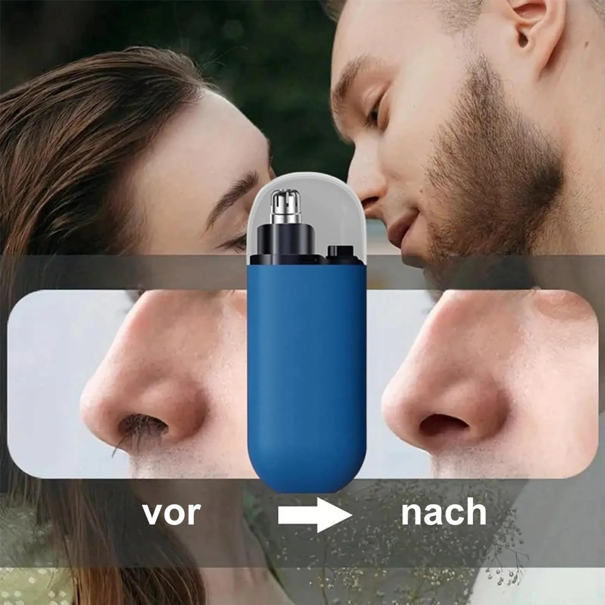 Ein blauer Nasenhaartrimmer zwischen Nahaufnahmen von Nasen vor und nach der Anwendung.