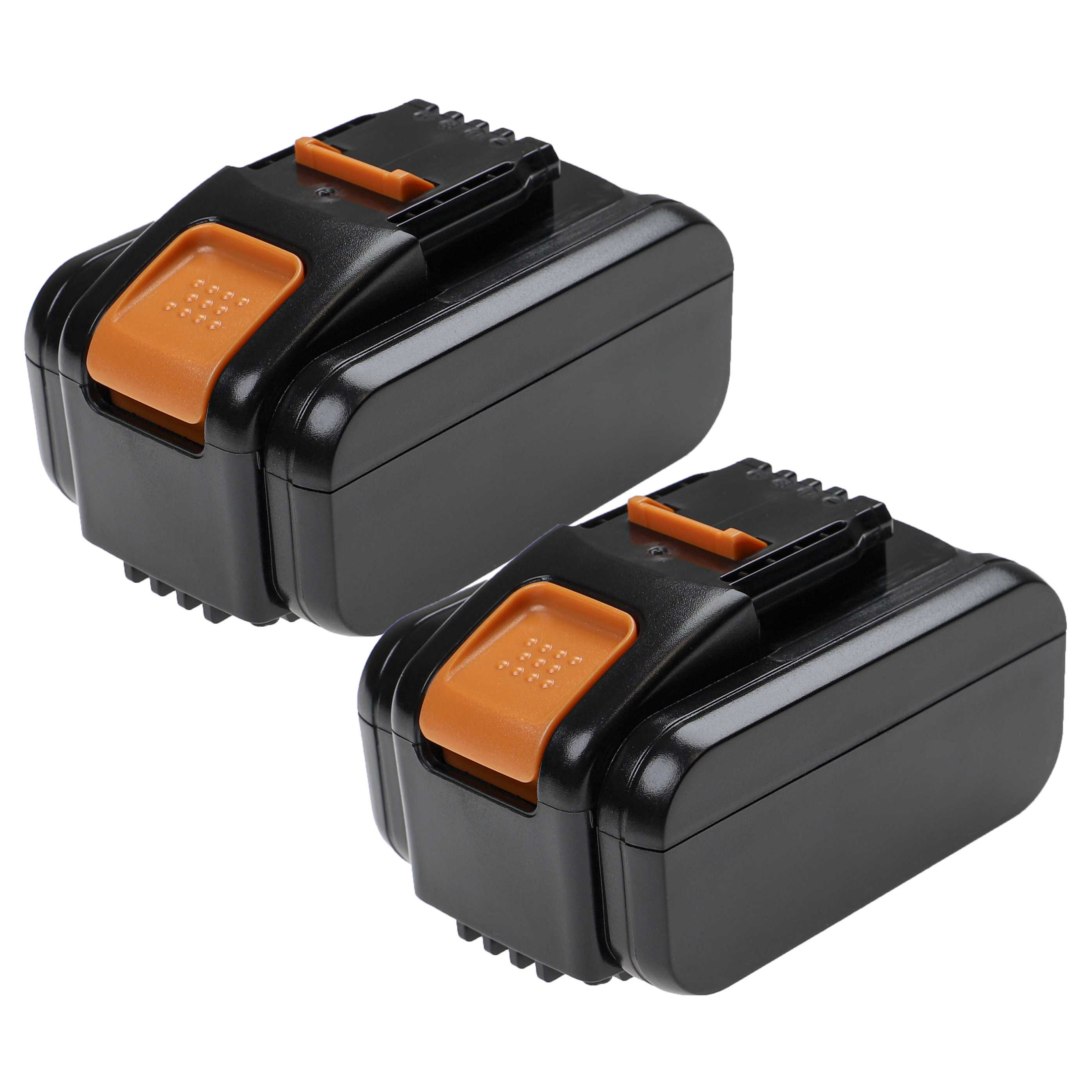 Zwei schwarze Akkus mit orangefarbenen Entriegelungsknöpfen auf weißem Hintergrund.
