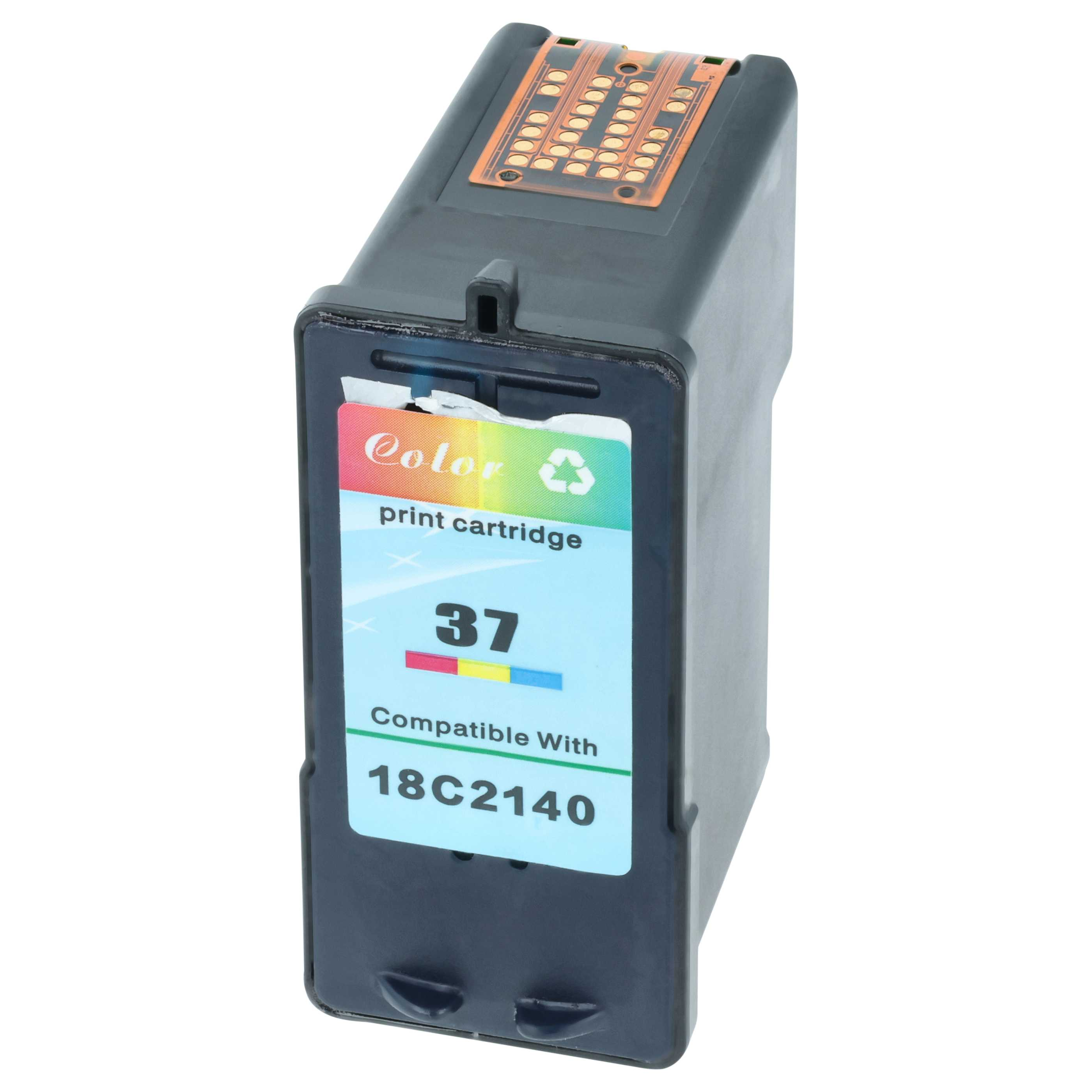 Ein schwarzes Druckerpatronengehäuse mit einem Etikett, das 'Color', 'print cartridge', '37' und '18C2140' zeigt.